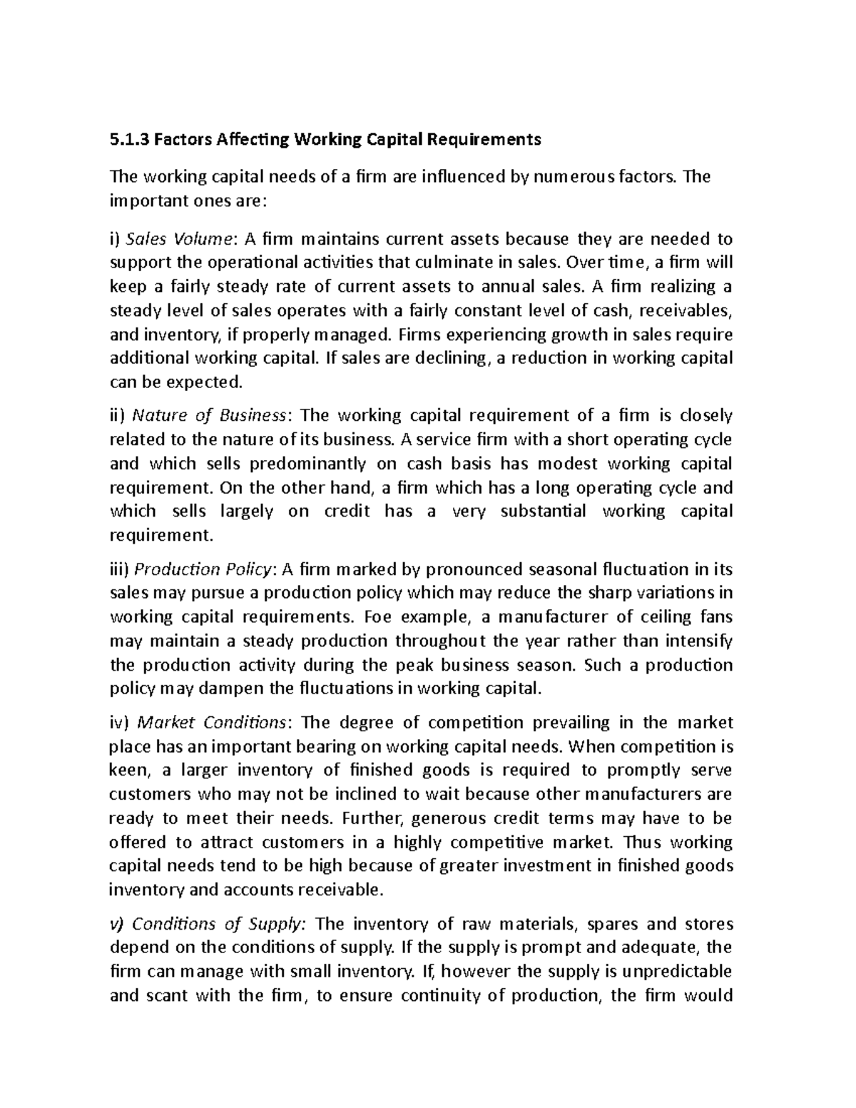 5.1.3 Factors Affecting Working Capital Requirements Lecture Notes 5.