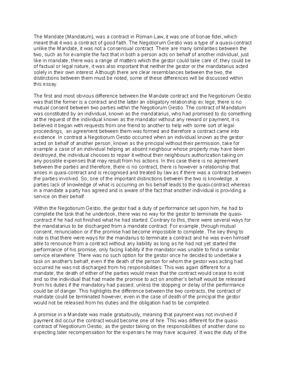 Civil law difference between mandatum contract and neogtiorum gestio