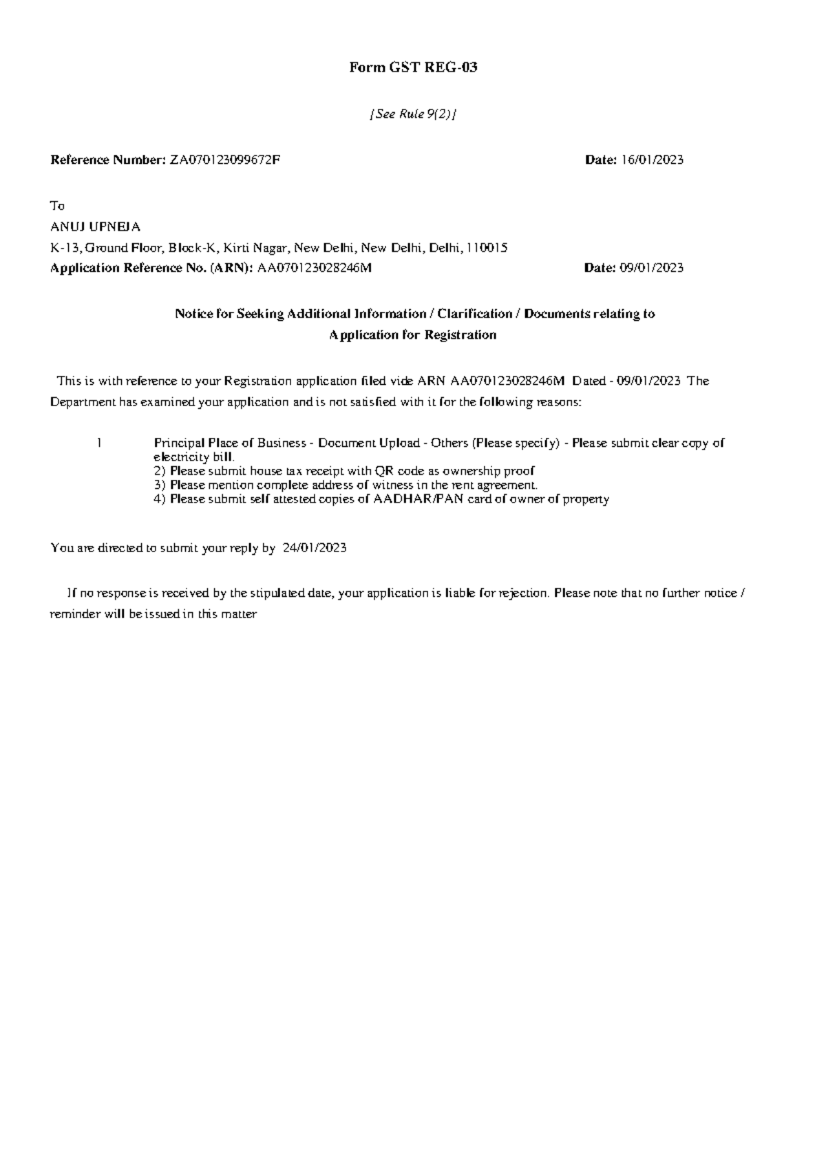 AA070123028246 M SCN16012023 Form GST REG [See Rule 9(2)] Reference