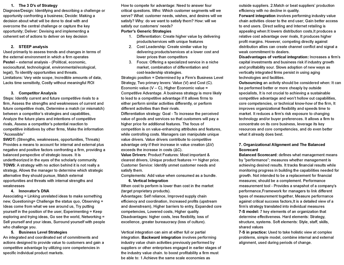 J375 Exam 2 Notes - Nil - The 3 D’s Of Strategy Diagnose/Design ...