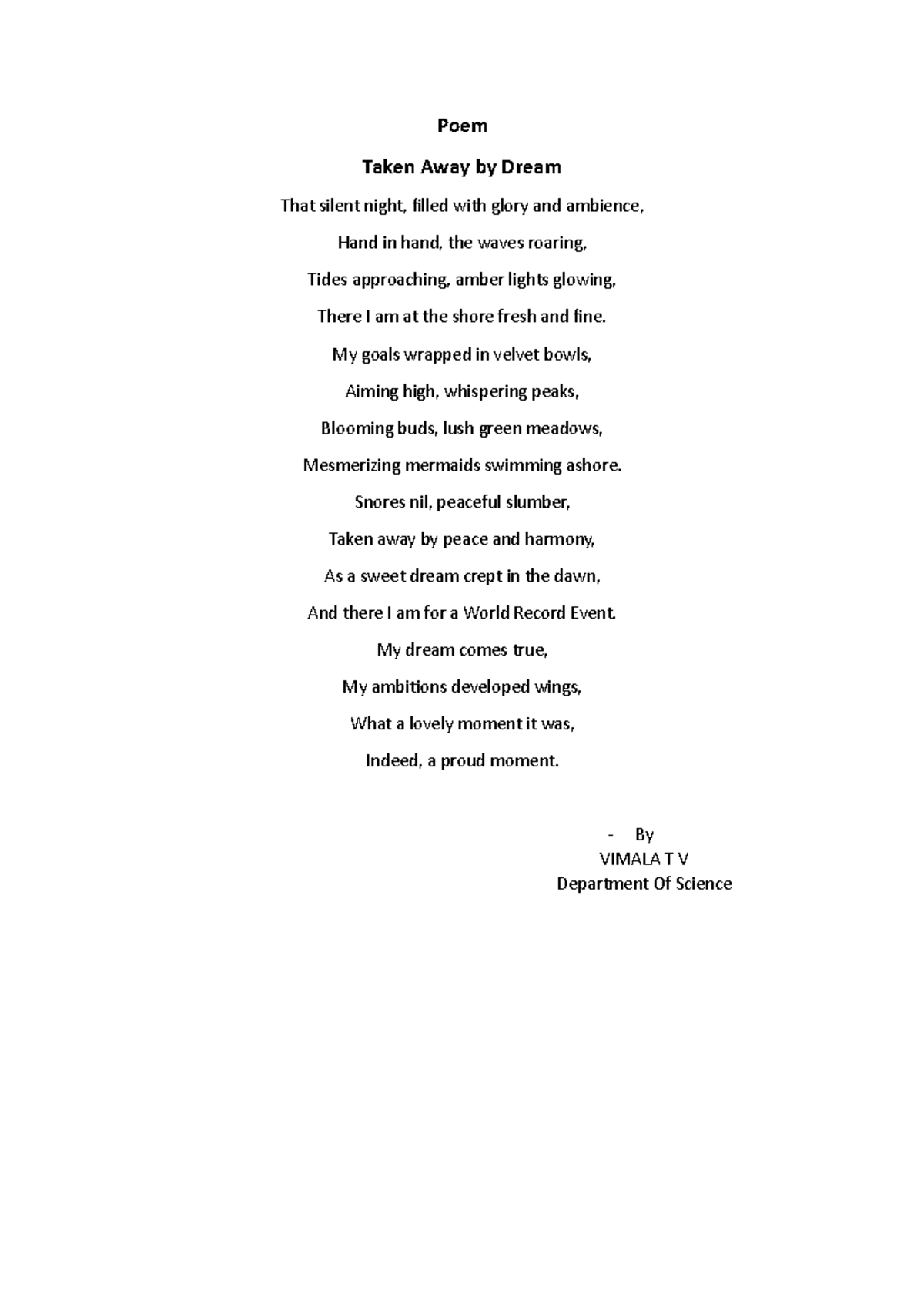 Vimala Poem magazine - Poem - Poem Taken Away by Dream That silent ...