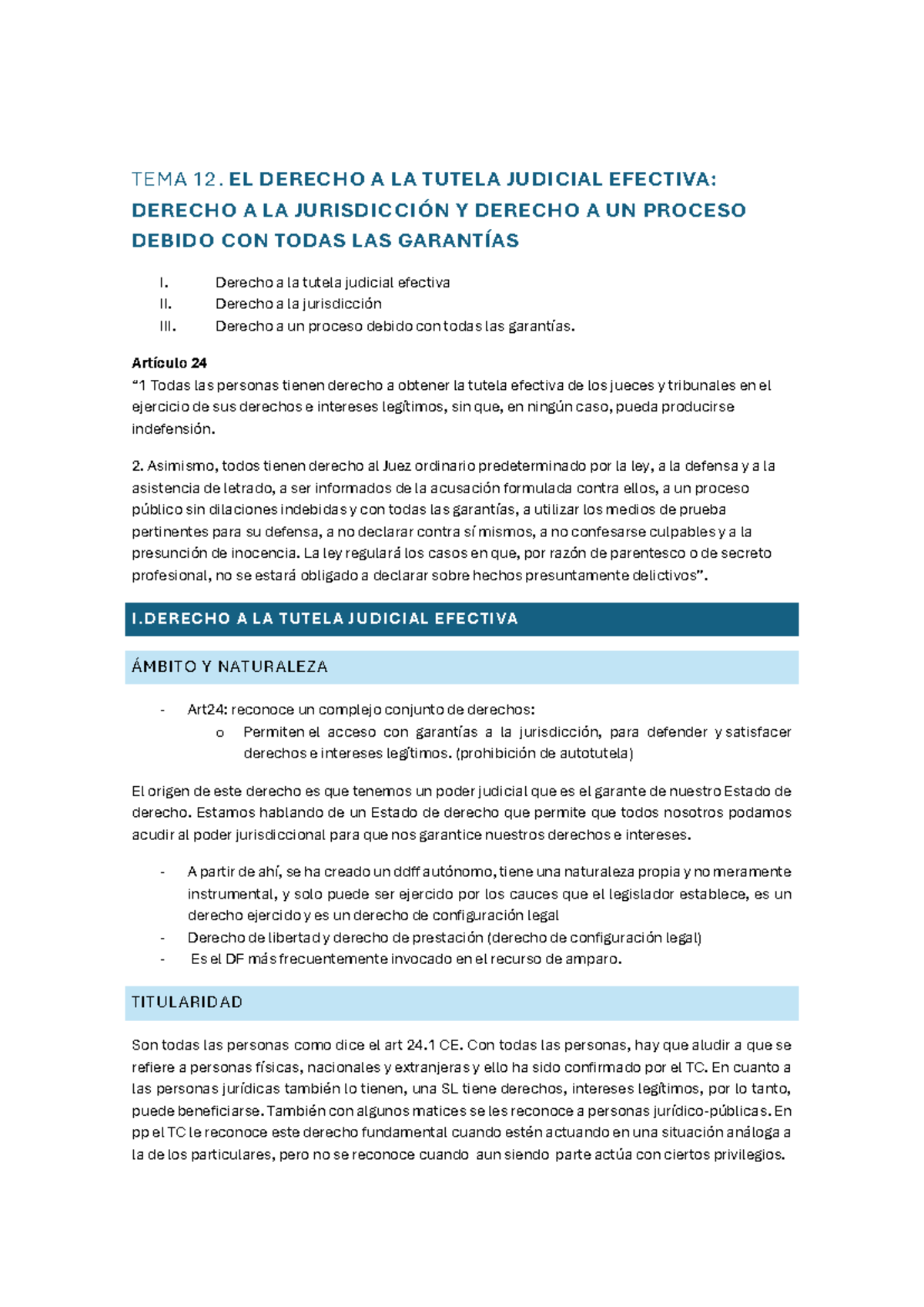 Tema 12 - tema 12 - TEMA 12. EL DERECHO A LA TUTELA JUDICIAL EFECTIVA ...