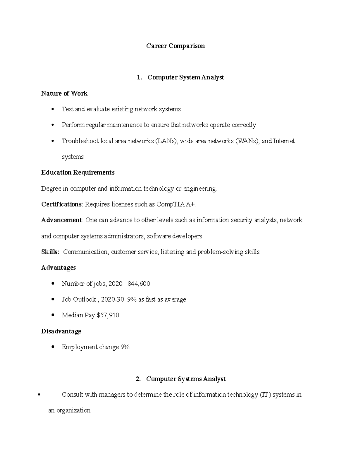 Career Comparison Worksheet - Career Comparison Computer System Analyst ...
