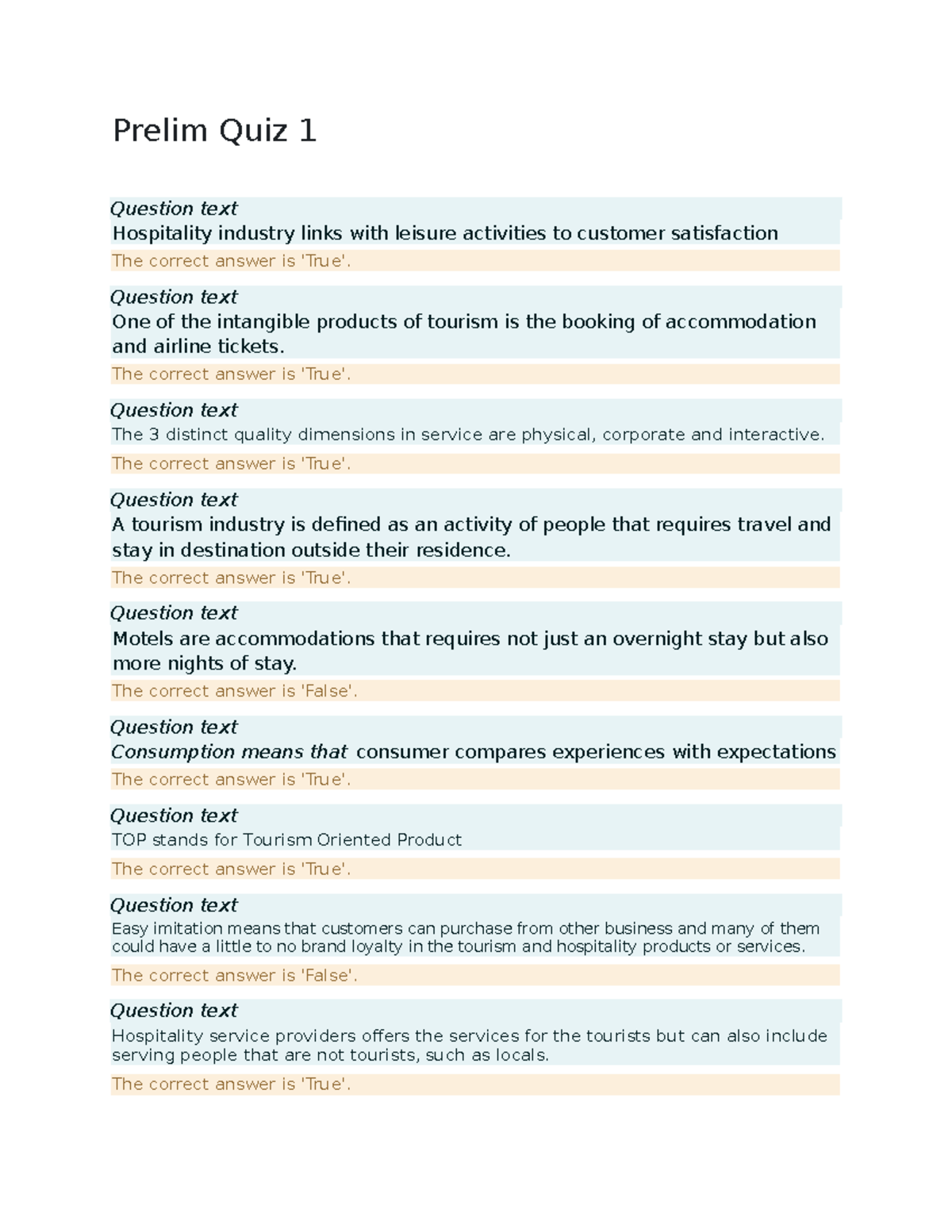 Quality Tourism Development - Prelim Quiz 1 Question text Hospitality ...
