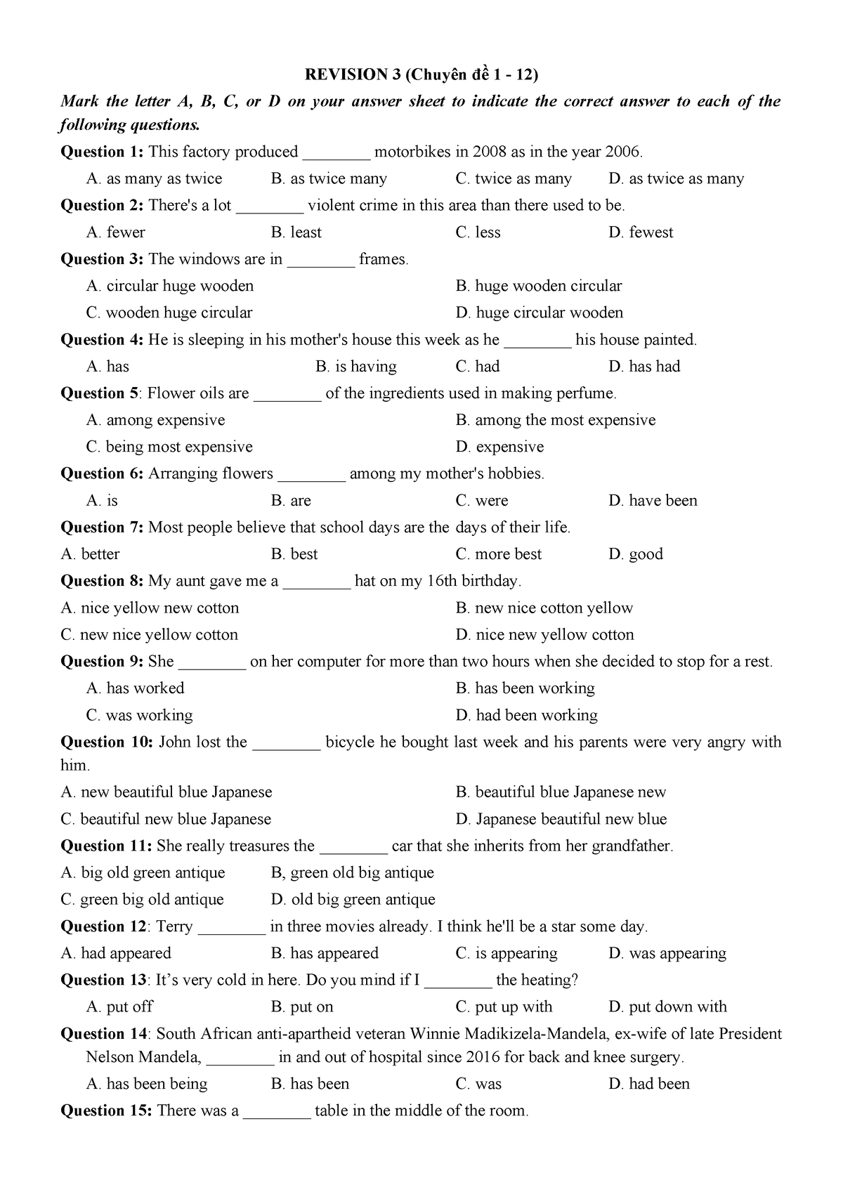 Revision-3 - Eng - REVISION 3 (Chuyên đề 1 - 12) Mark The Letter A, B ...