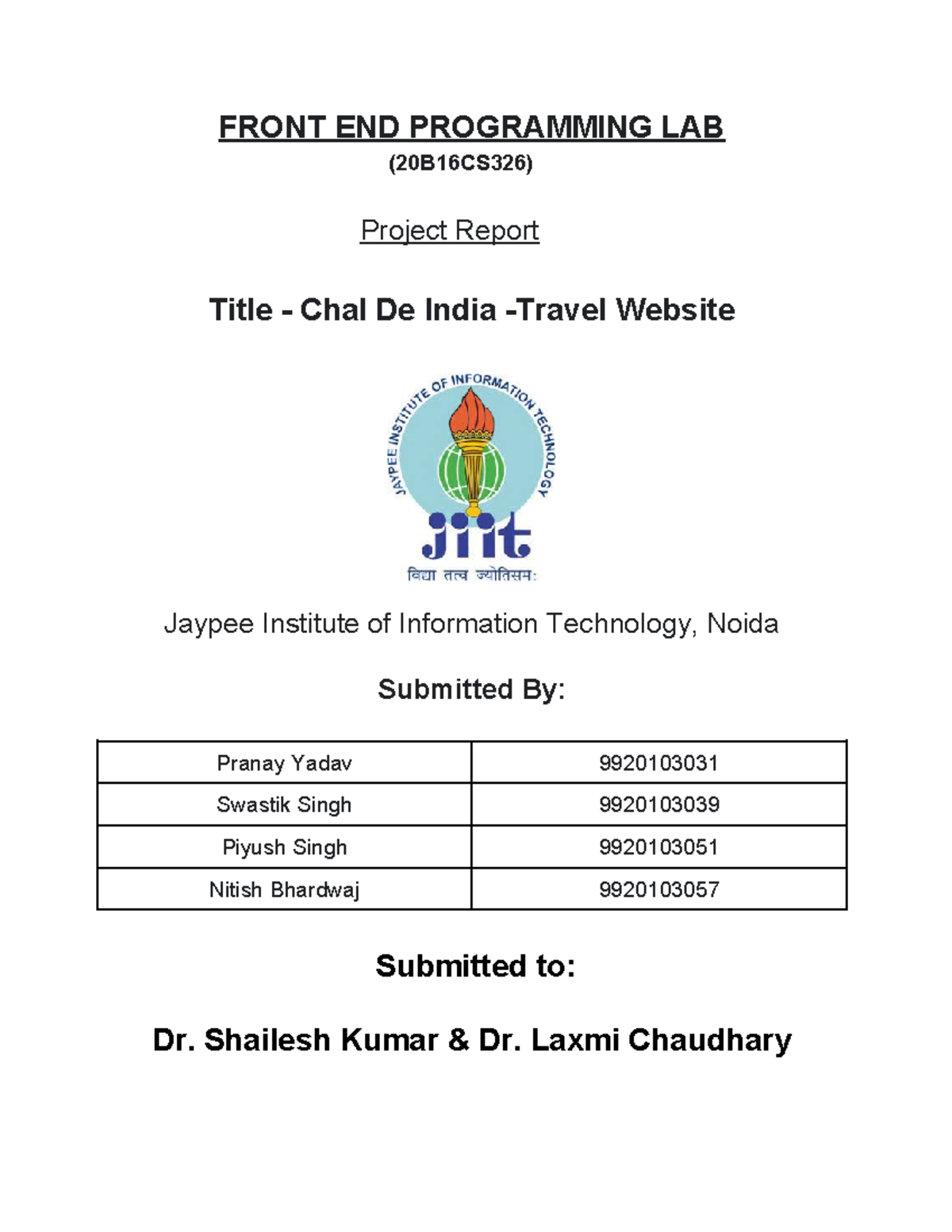 Frontend Project Report - FRONT END PROGRAMMING LAB (20B16CS326 ...