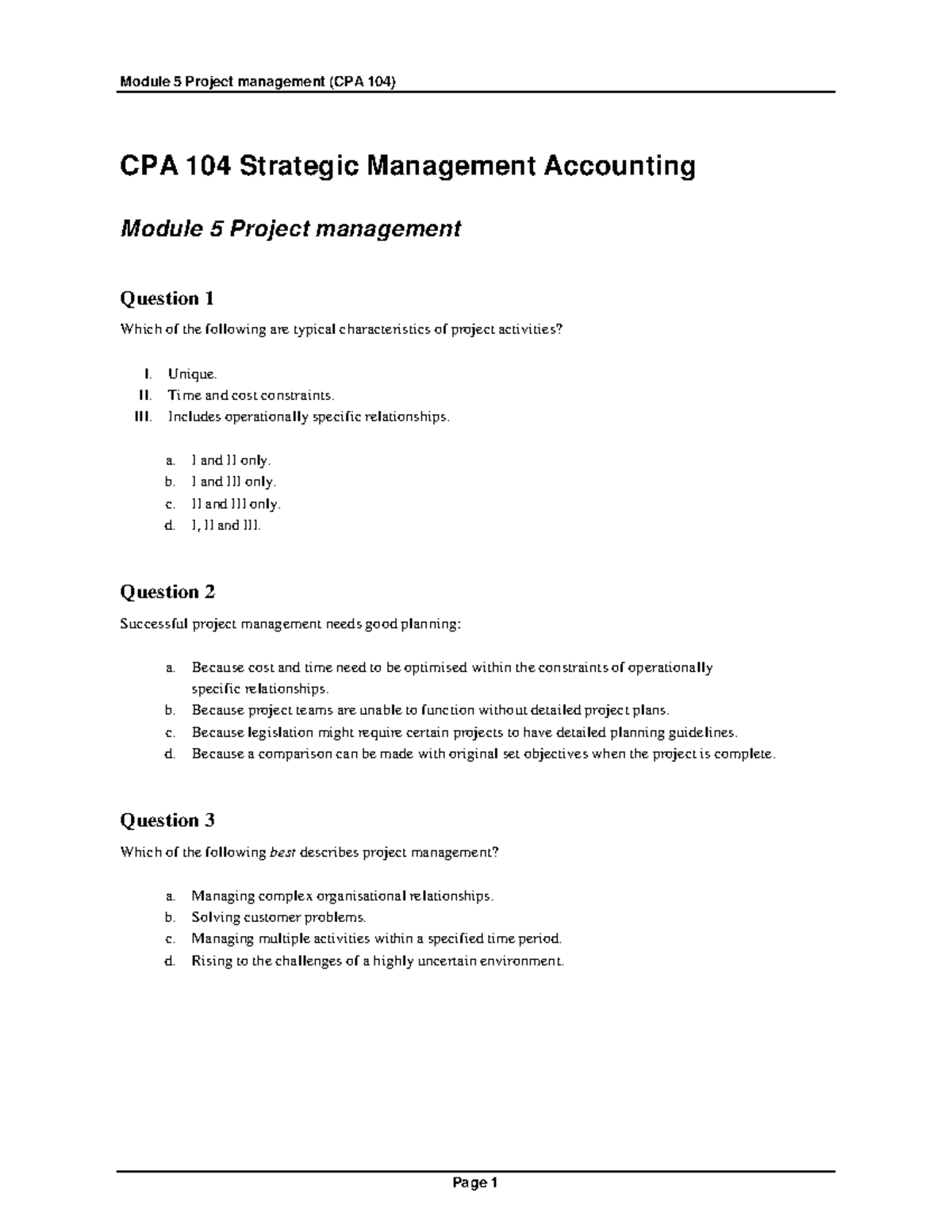 Mod 5 answers - lec notes - CPA 104 Strategic Management Accounting ...