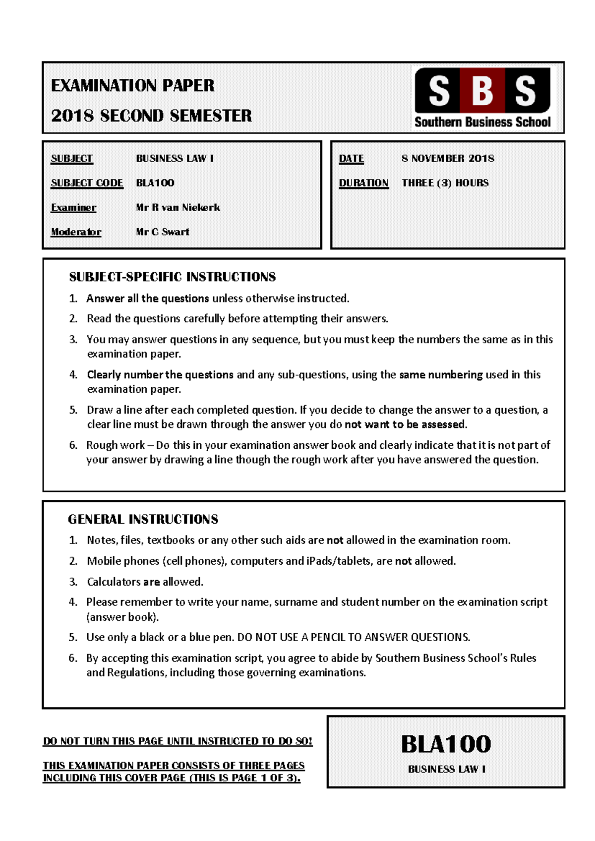 BLA100 2018 02 EXAM - Question Paper S2 - GENERAL INSTRUCTIONS 1. Notes ...