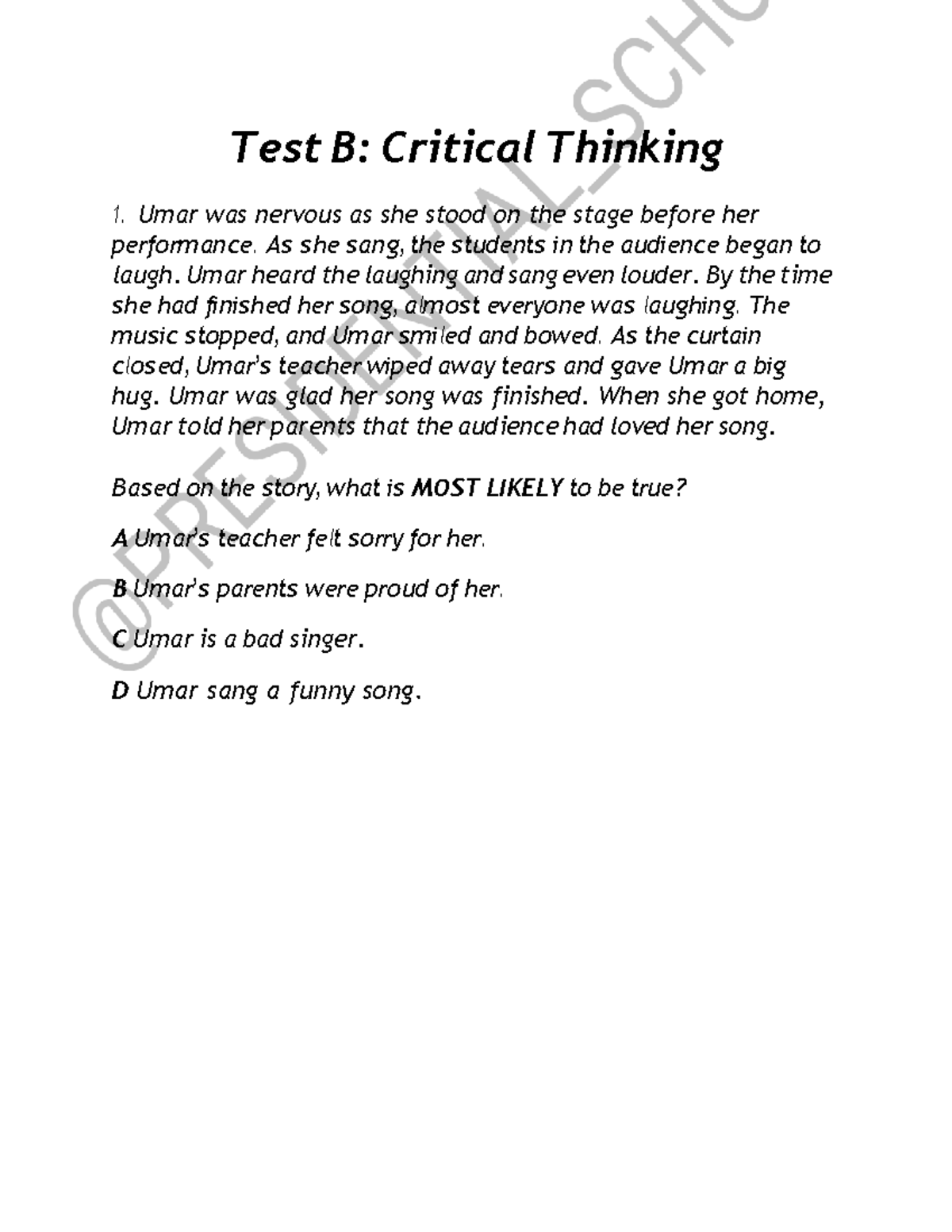 Test B Harvard - Test Prep 2 - Test B: Critical Thinking Umar Was ...