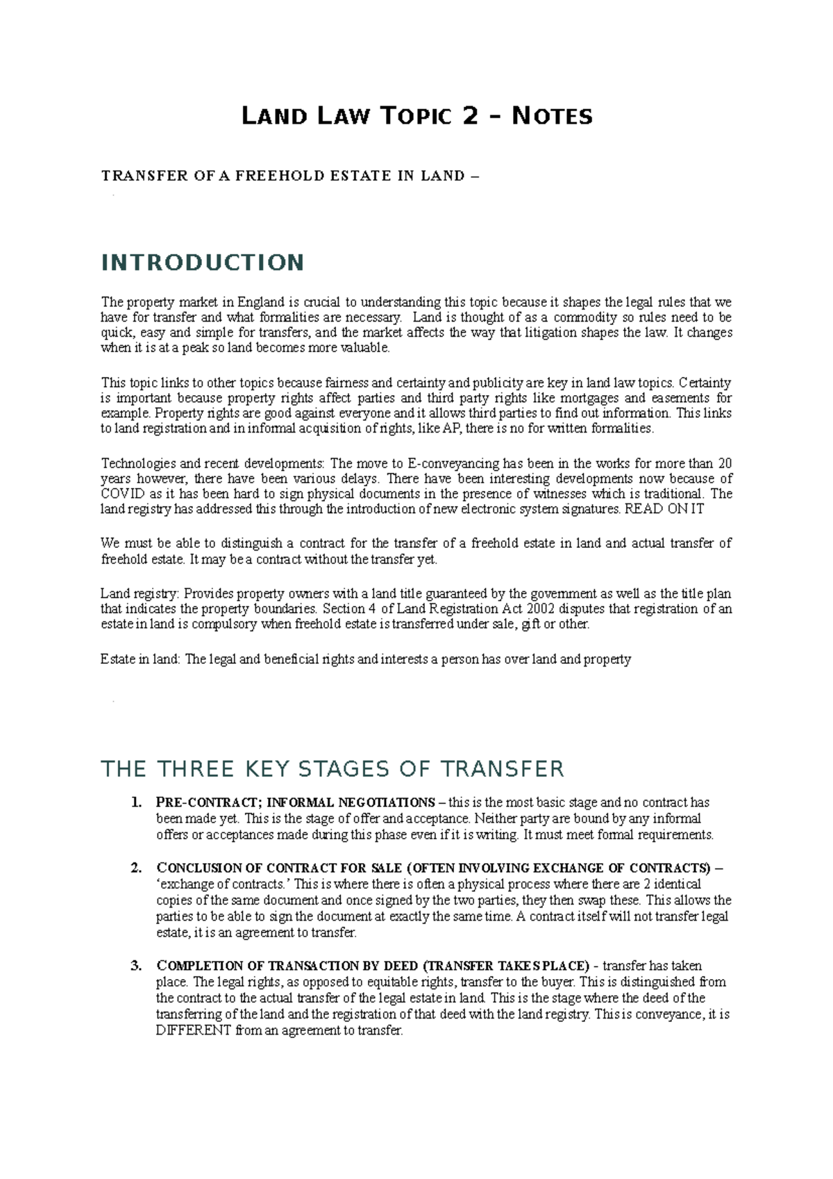 Land Law Topic 2 Notes LAND LAW TOPIC 2 NOTES TRANSFER OF A