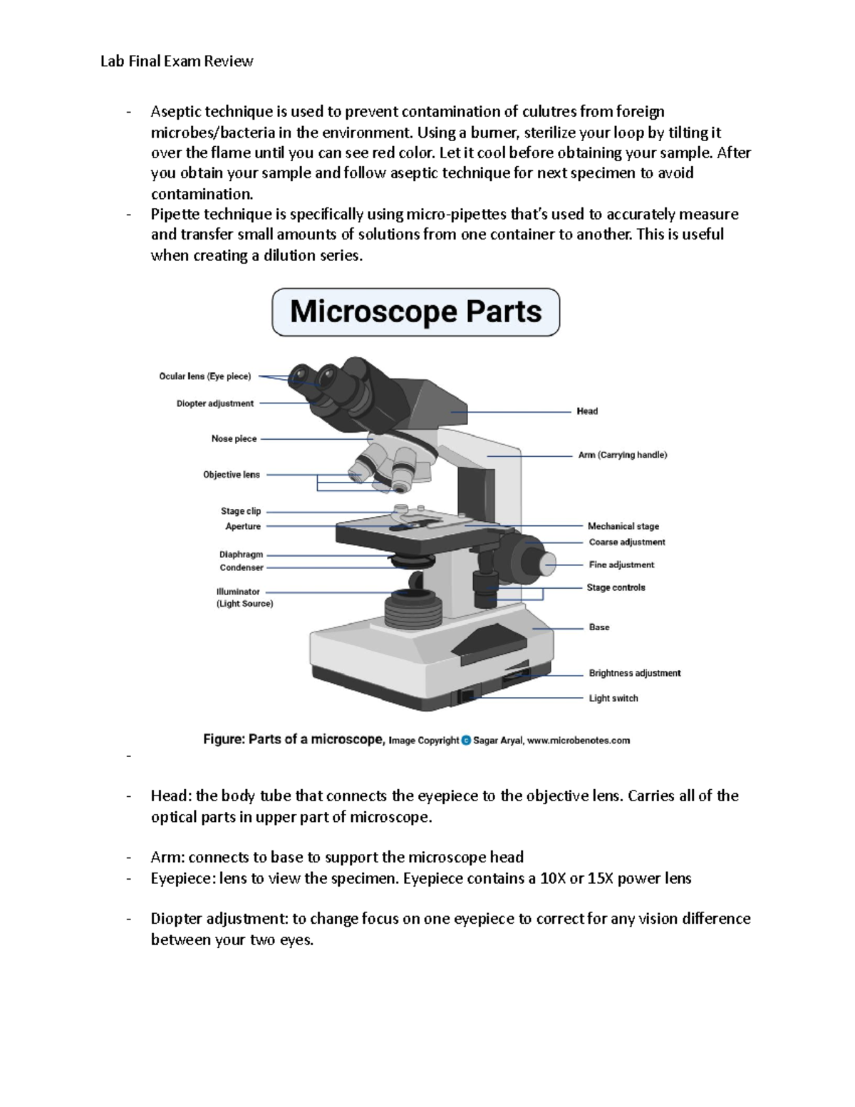 Lab Final Exam Review: Aseptic Technique Pipette Technique Microscope ...