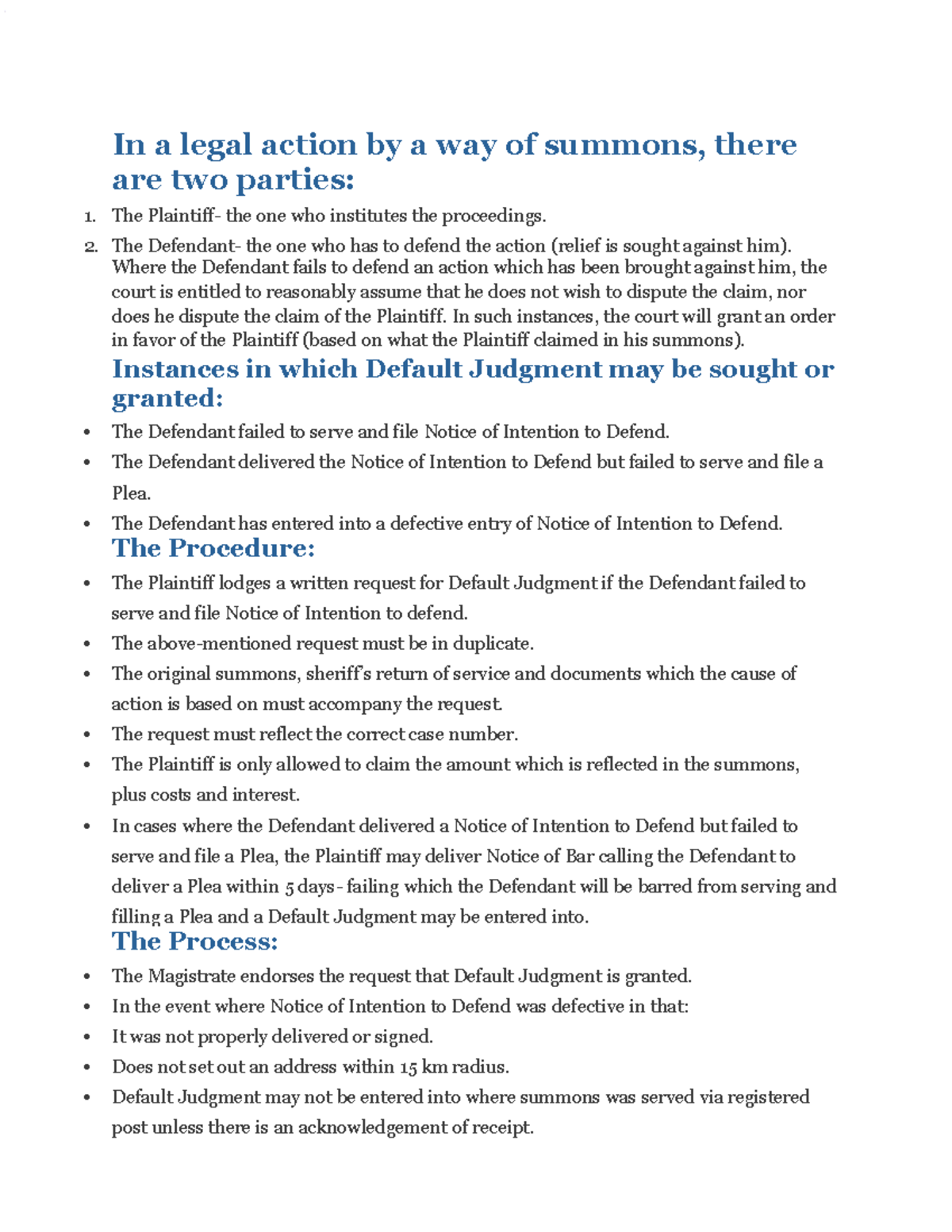 Default Judgement Process - In a legal action by a way of summons ...
