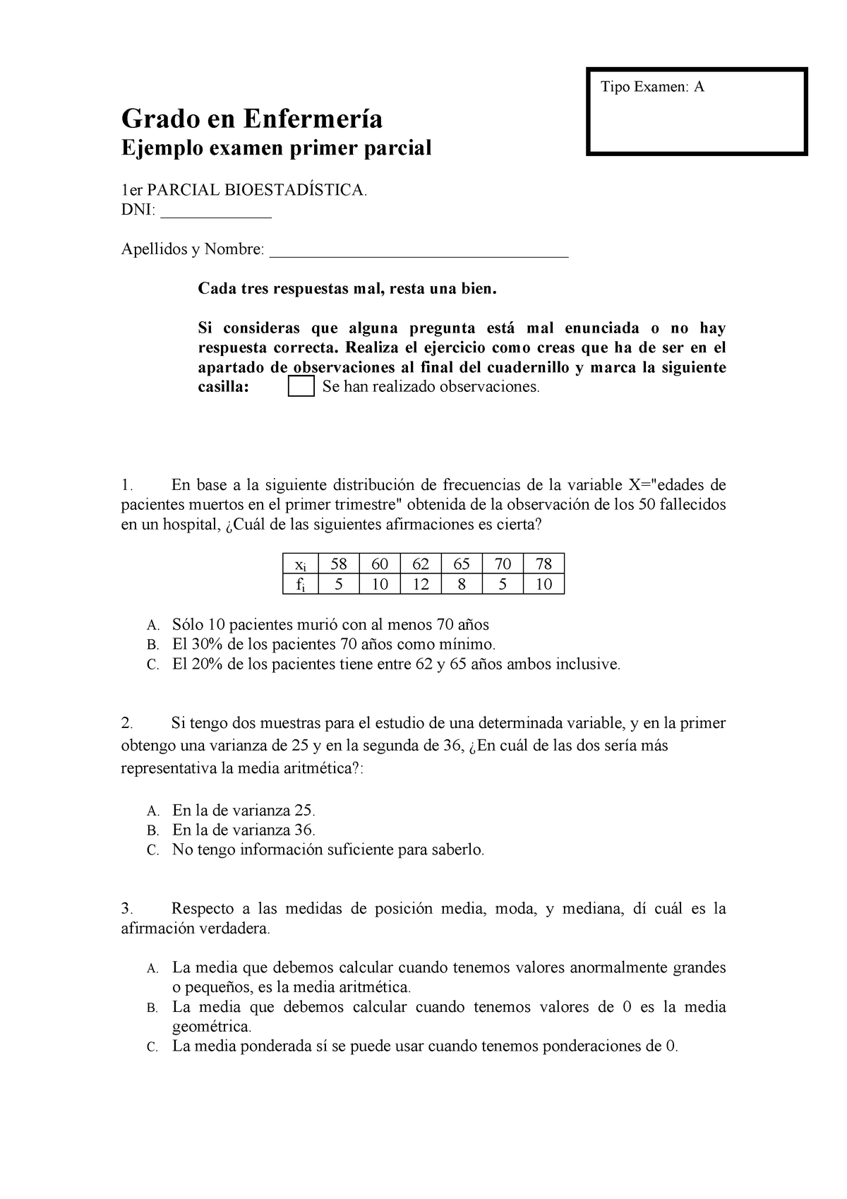 Ejemplo Examen Primer Parcial Enunciado - Grado En Enfermería Ejemplo ...