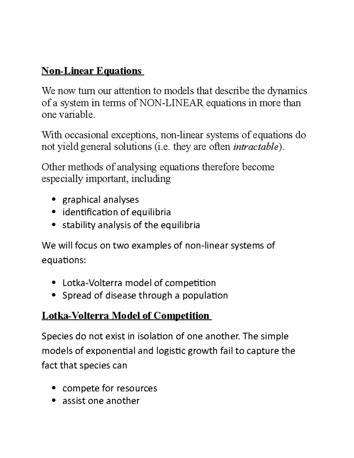 Lotka-Volterra Model of Competition - Non-Linear Equations We now turn ...