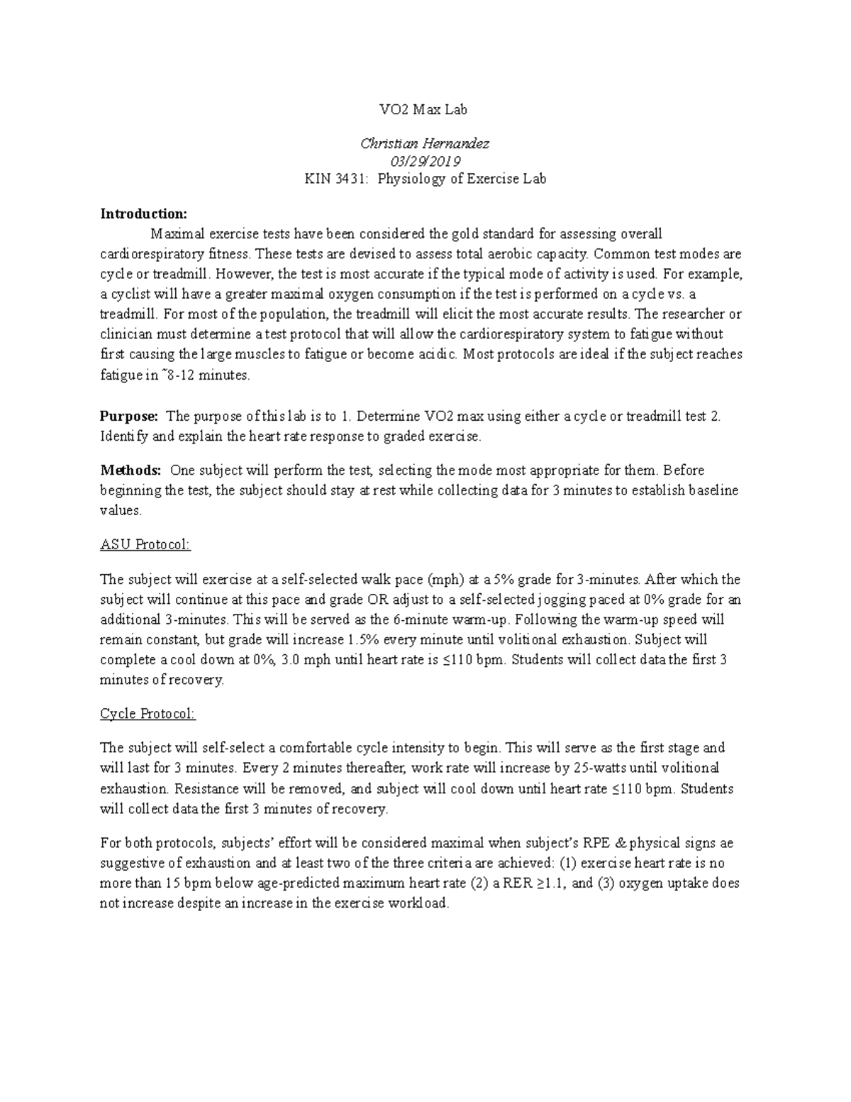 KIN 3431 VO2 Max Lab - VO2 Max Lab Christian Hernandez 03/29/ KIN 3431 ...
