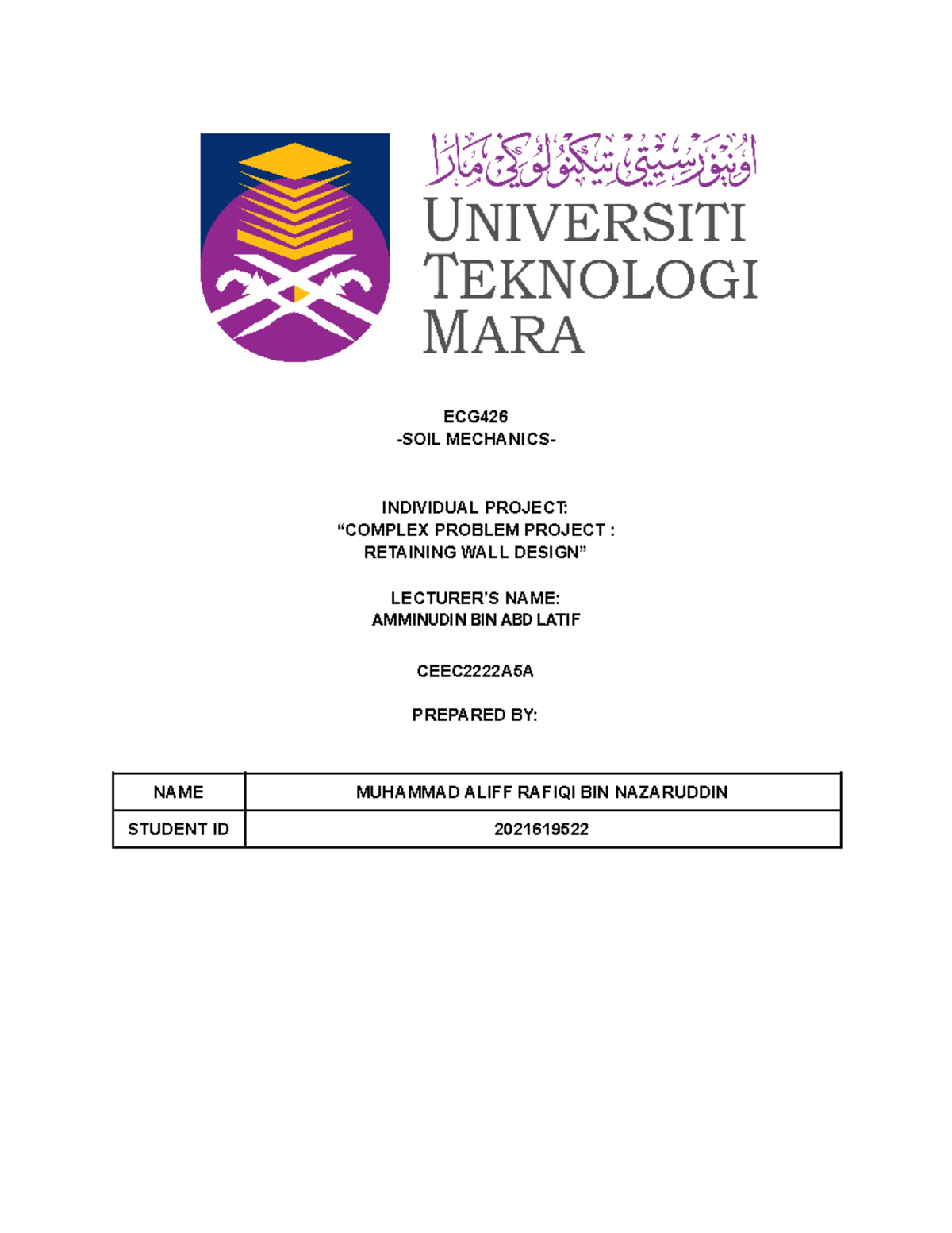 CEEC2A5 2021619522 Muhammad Aliff Rafiqi BIN Nazaruddin - ECG -SOIL ...