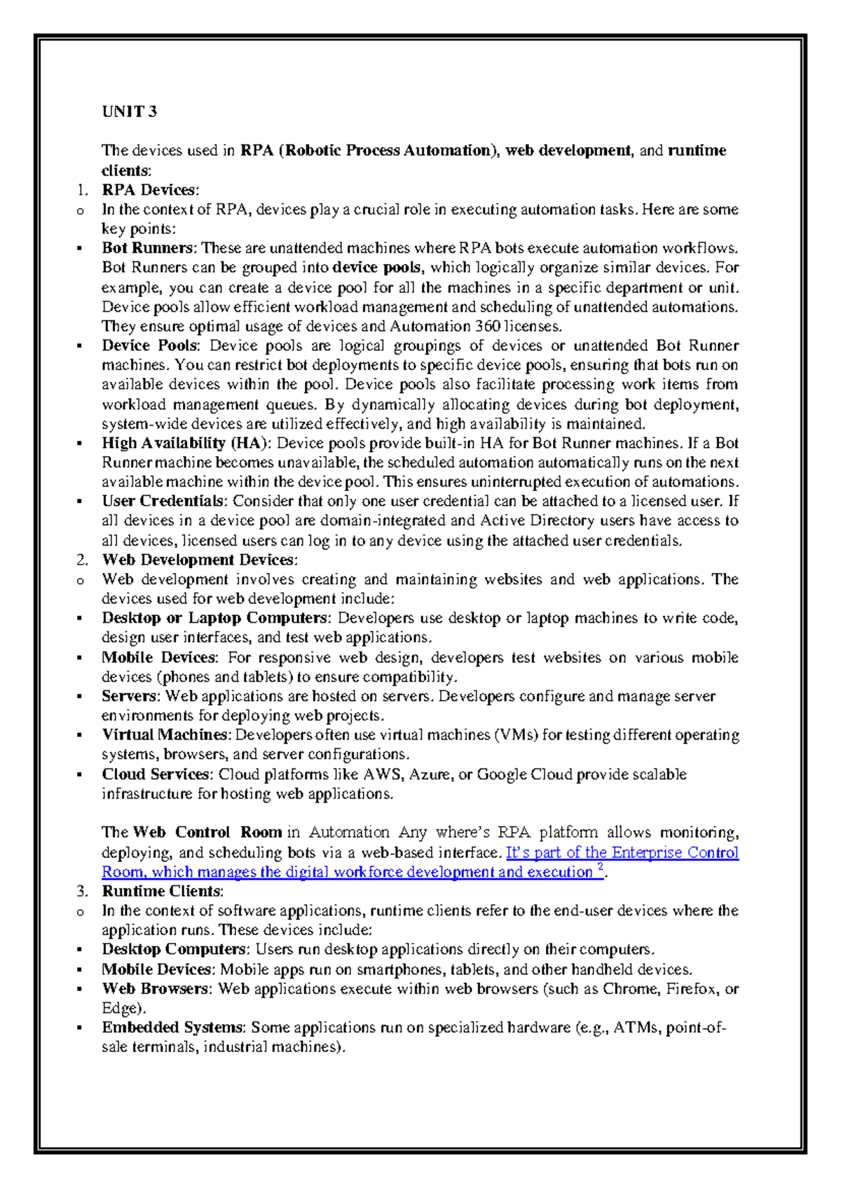 RPA UNIT 3 - Hand written notes - UNIT 3 The devices used in RPA ...