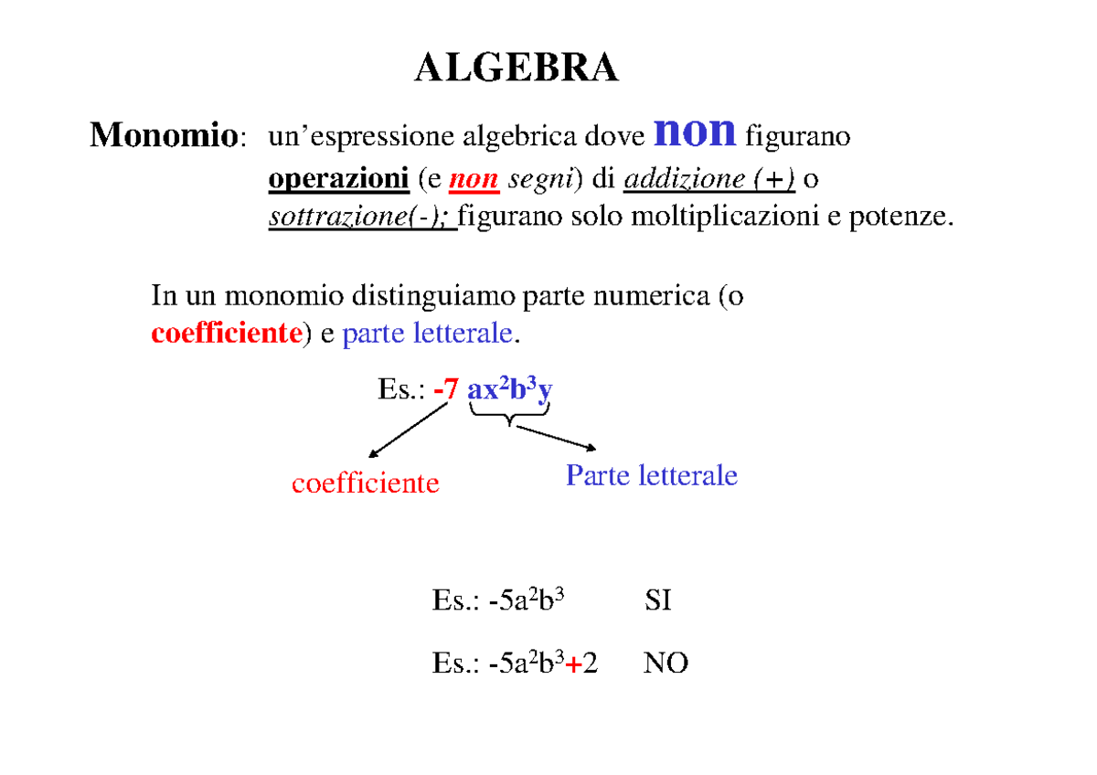 Monomi e polinomi secondo anno scuola superiore - ALGEBRA un ...