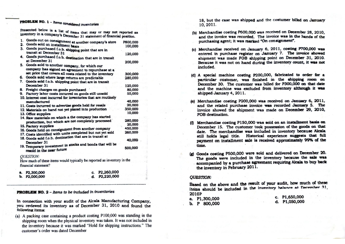 AUD - Inventories - Auditing problem - PROBLEM NO. 1 Items considered ...