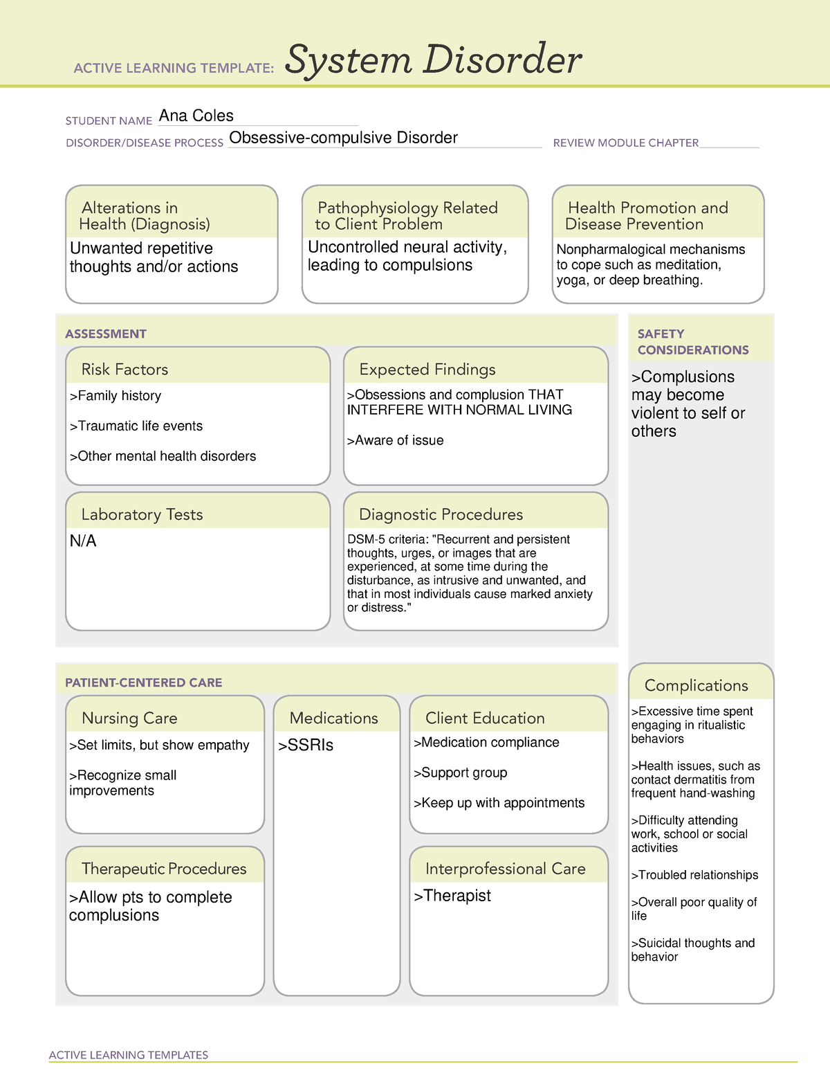 System Disorder OCD OCD study sheet ACTIVE LEARNING TEMPLATES