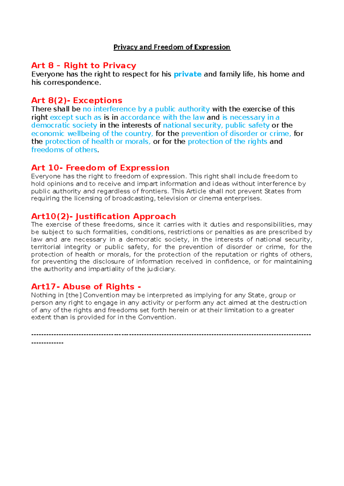 Privacy and FOE Summary - Privacy and Freedom of Expression Art 8 ...