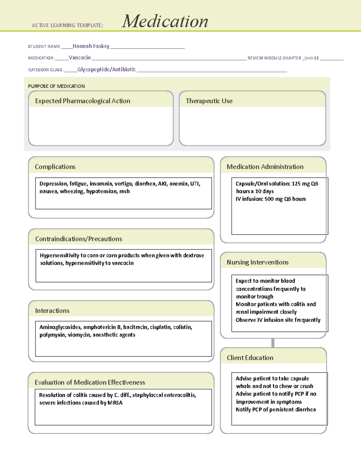 Vancocin drug card - STUDENT NAME Hannah Foskey ...