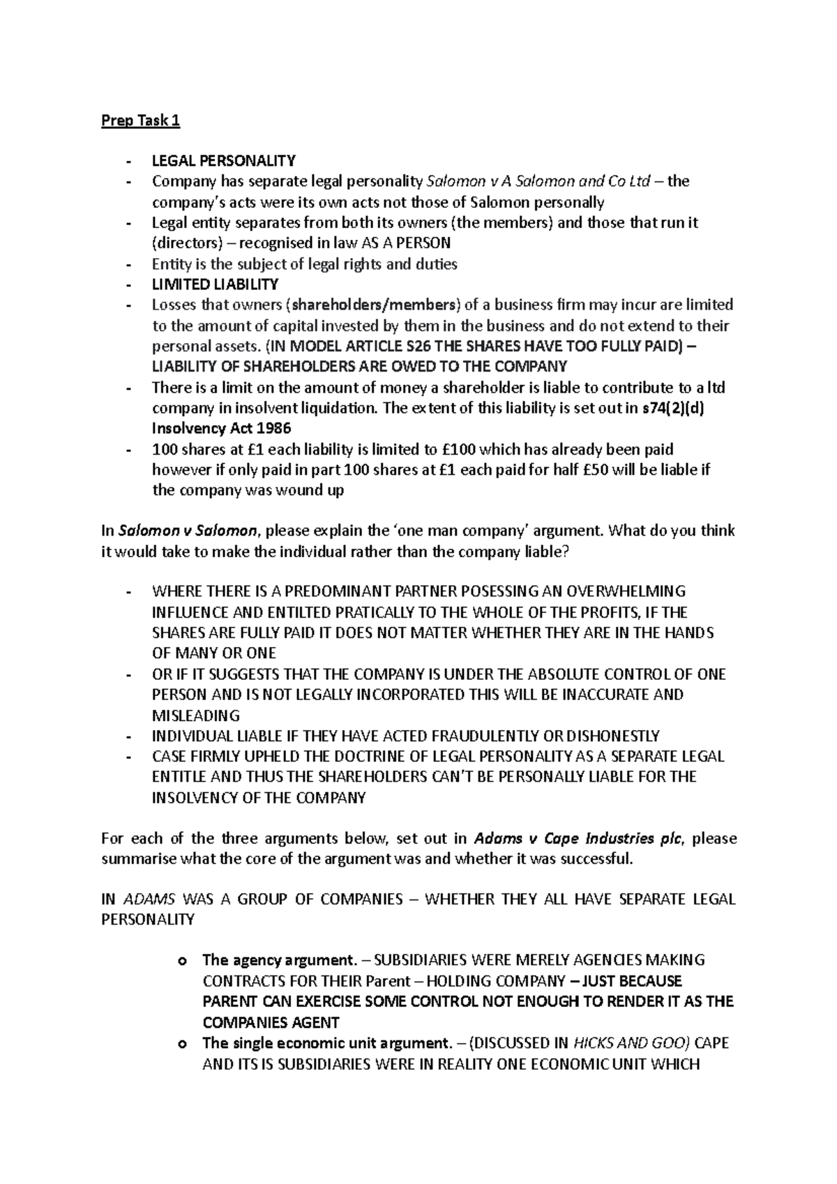 Prep Task 1 - Prep Task 1 LEGAL PERSONALITY Company has separate legal ...
