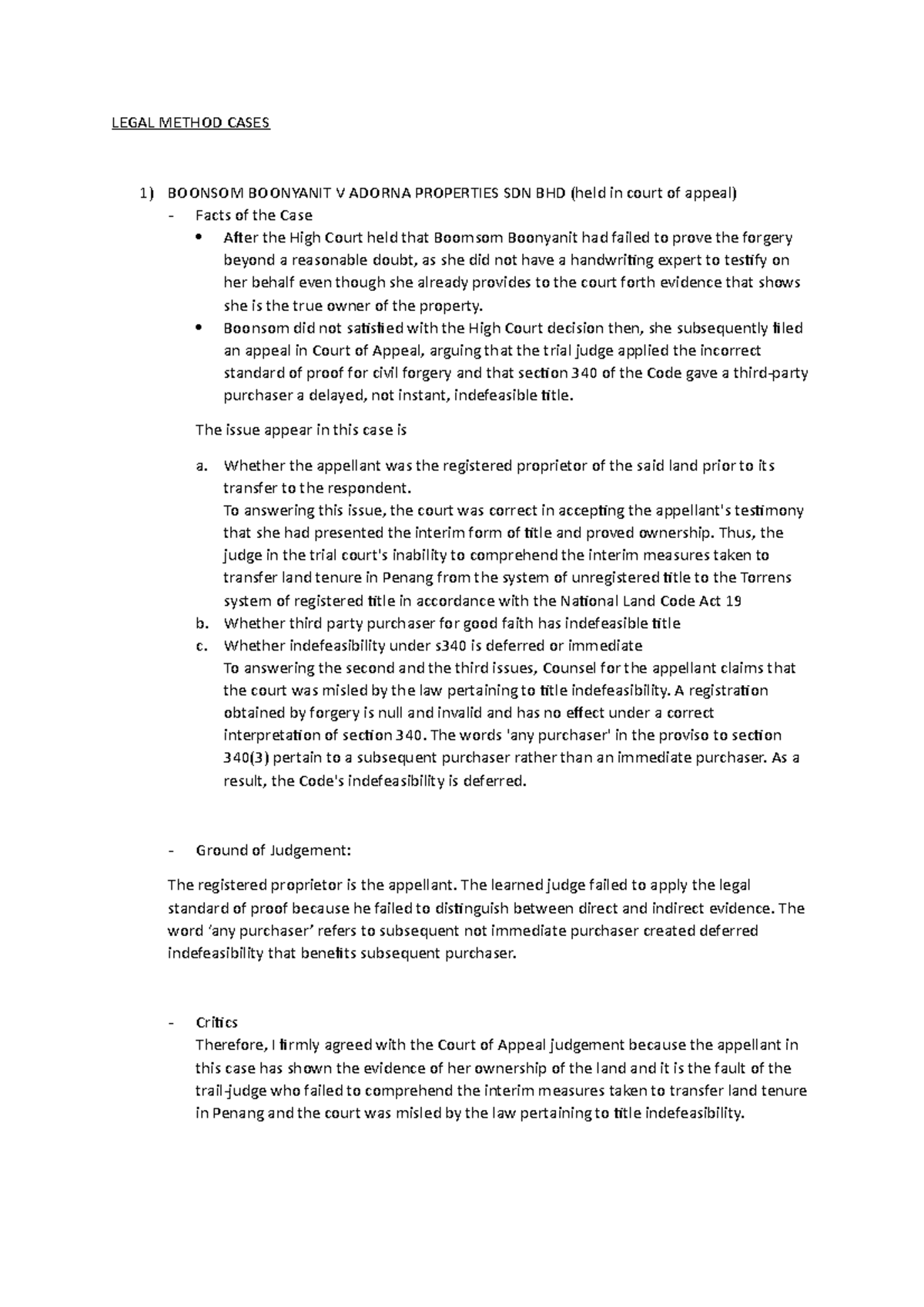 Legal Method Cases LEGAL METHOD CASES BOONSOM BOONYANIT V ADORNA