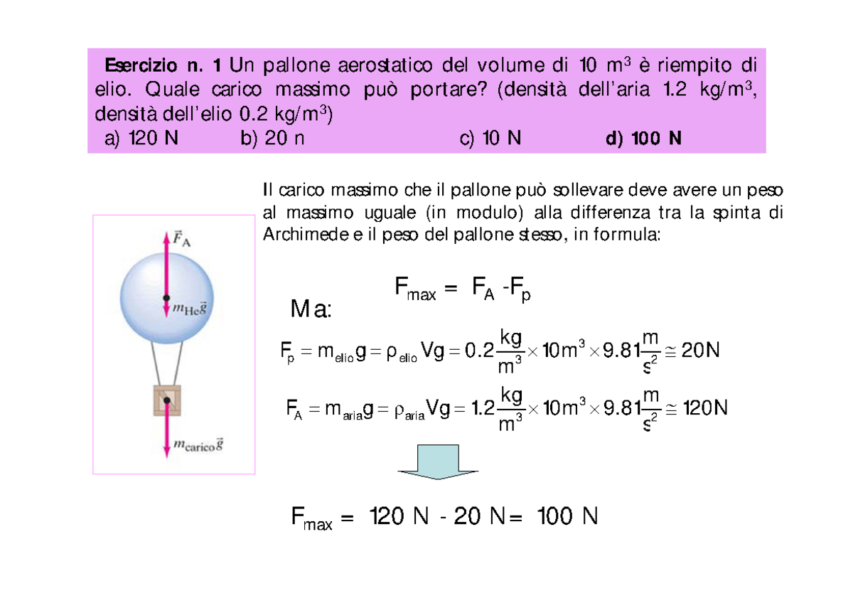 Esercitazione 2 Esercizi Su Idrodinamica Con Soluzioni Fisica I A A 14 15 Esercizio Un Pallone Aerostatico Del Volume Di 10 M3 Riempito Di Elio Quale Studocu