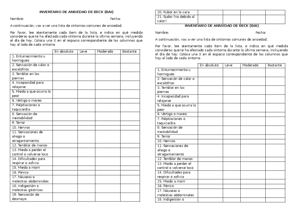 Inventario DE Ansiedad DE BECK - INVENTARIO DE ANSIEDAD DE BECK (BAI