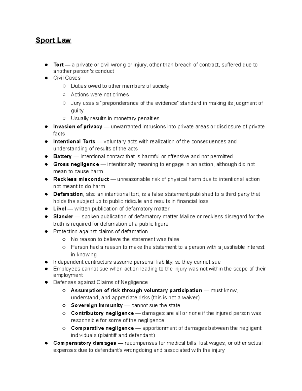 Sports Management Sport Law Sport Law Tort — a private or civil wrong