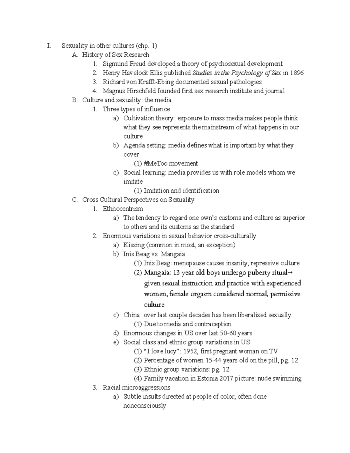 Exam 1 - Lecture notes section 1 - I. Sexuality in other cultures (chp ...