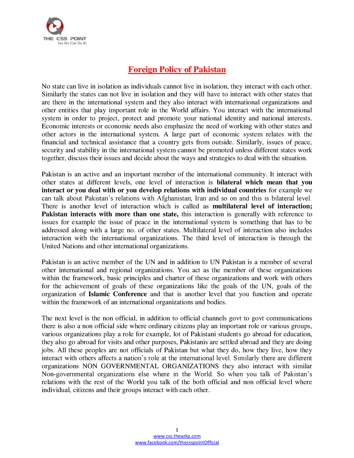 foreign policy of pakistan css essay