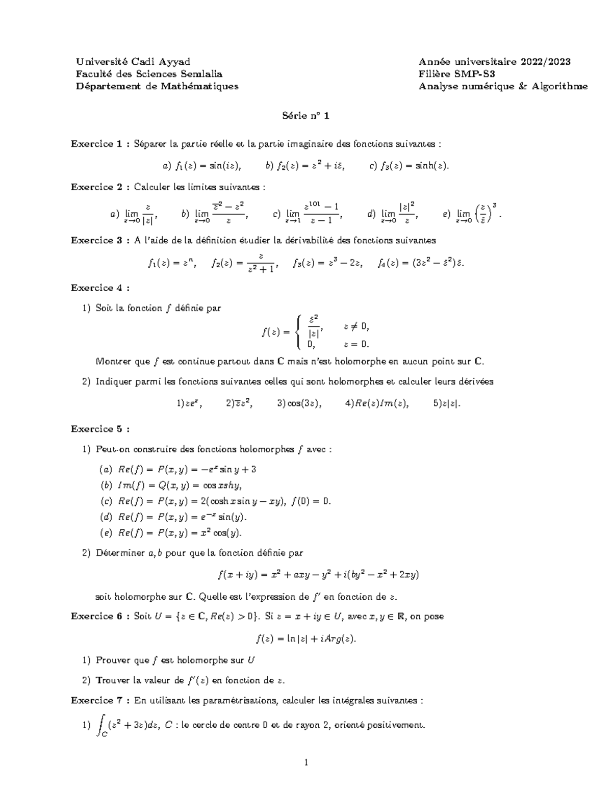 Série TD SMPS3 Analyse Et Algro - Universit ́e Cadi Ayyad Facult ́e Des ...