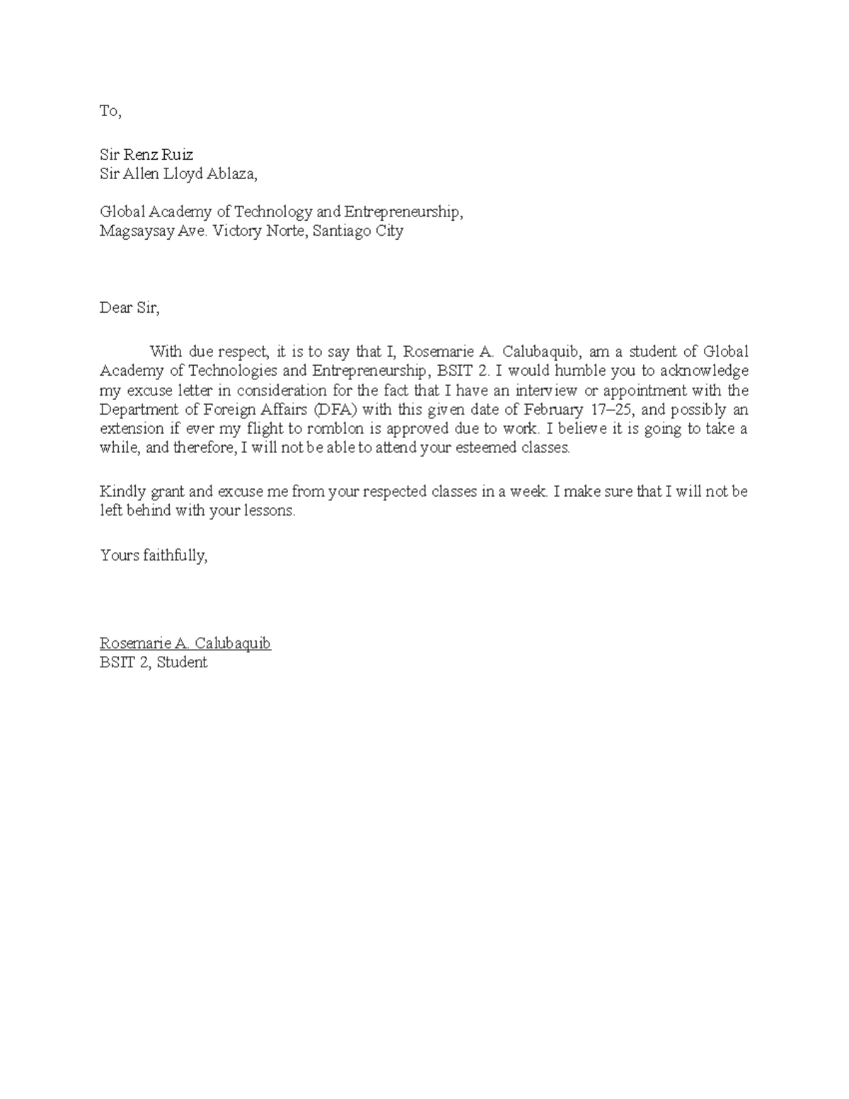 Excuse Letter - To, Sir Renz Ruiz Sir Allen Lloyd Ablaza, Global ...