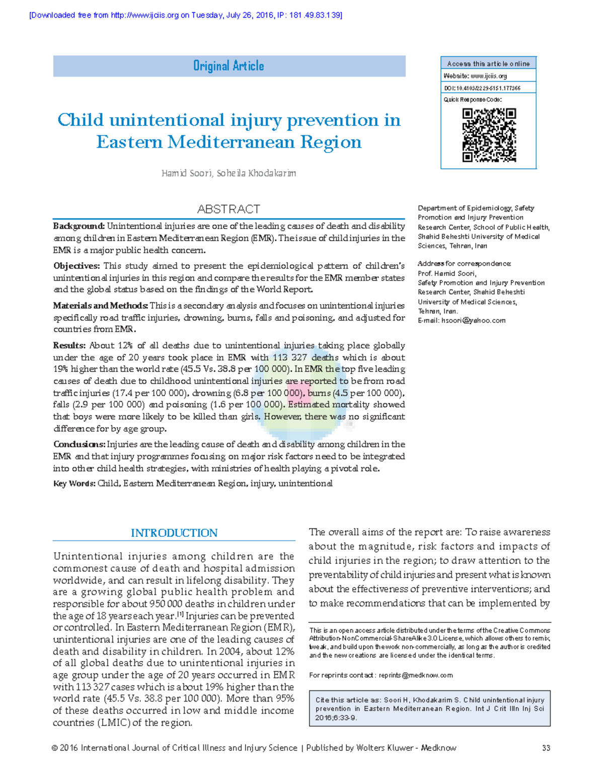 Child unintentional injury prevention in - © 2016 International Journal ...