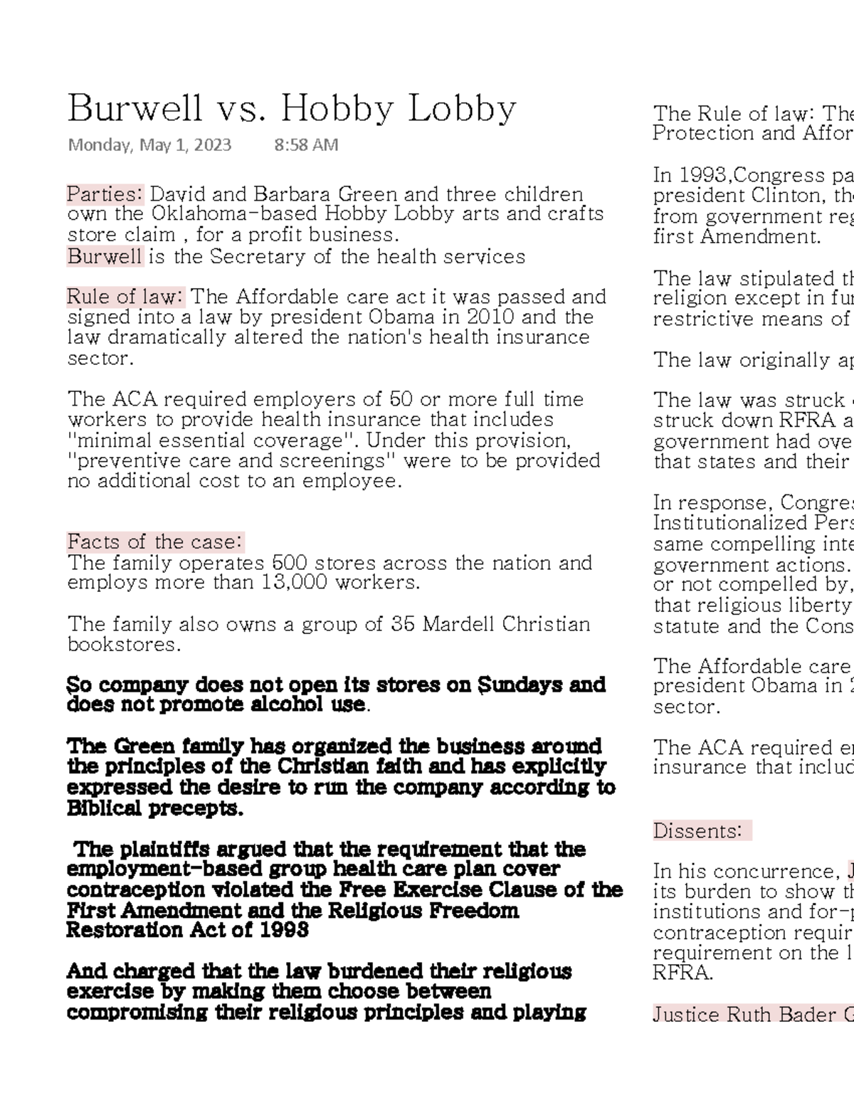 Burwell vs. Hobby Lobby The Rule of law The Protection and Afford In