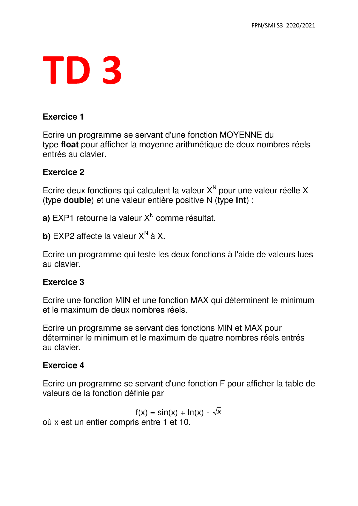 TD3 - Td En Programmation C - FPN/SMI S3 2020/ TD 3 Exercice 1 Ecrire ...