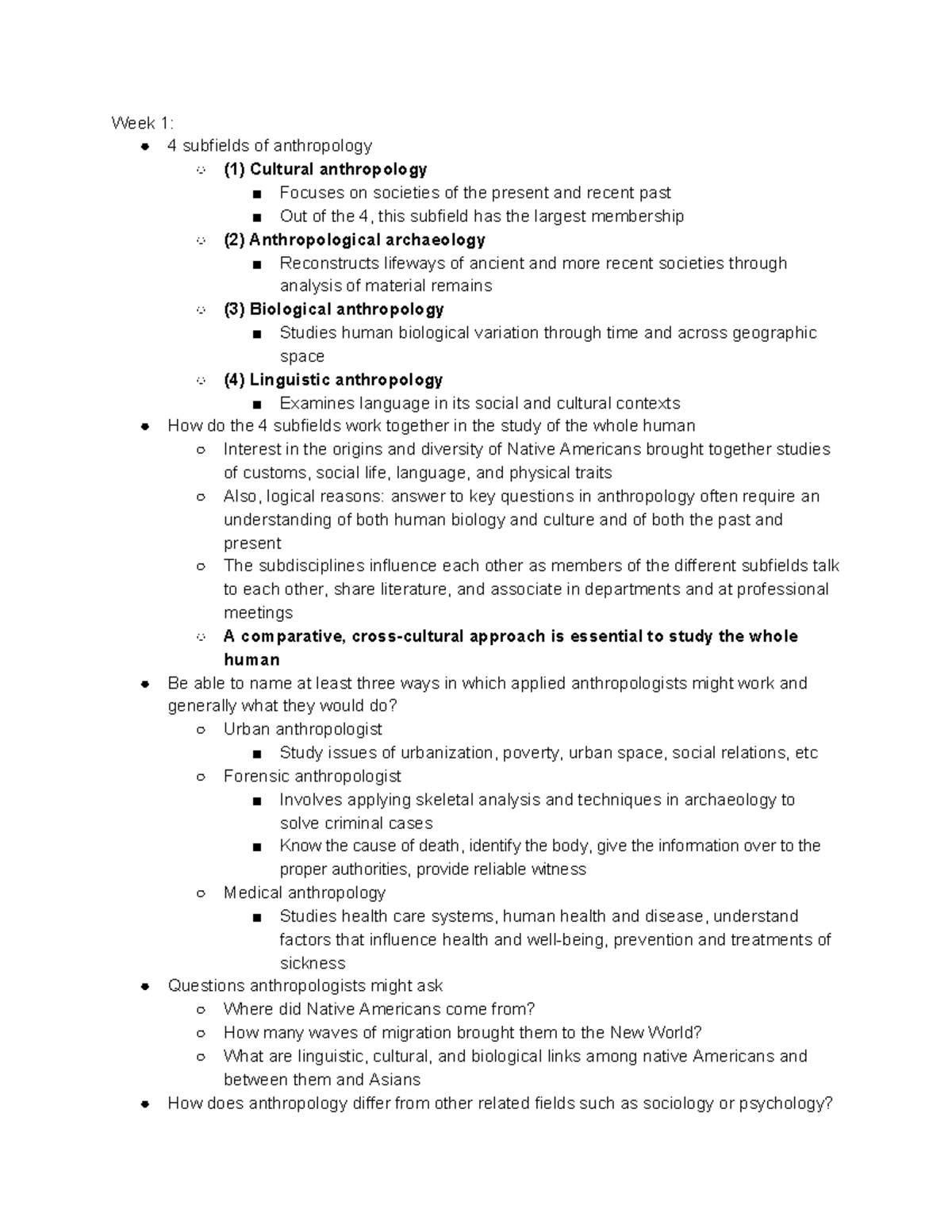 Anthro 101 Exam 1 Notes - Week 1: 4 subfields of anthropology (1 ...