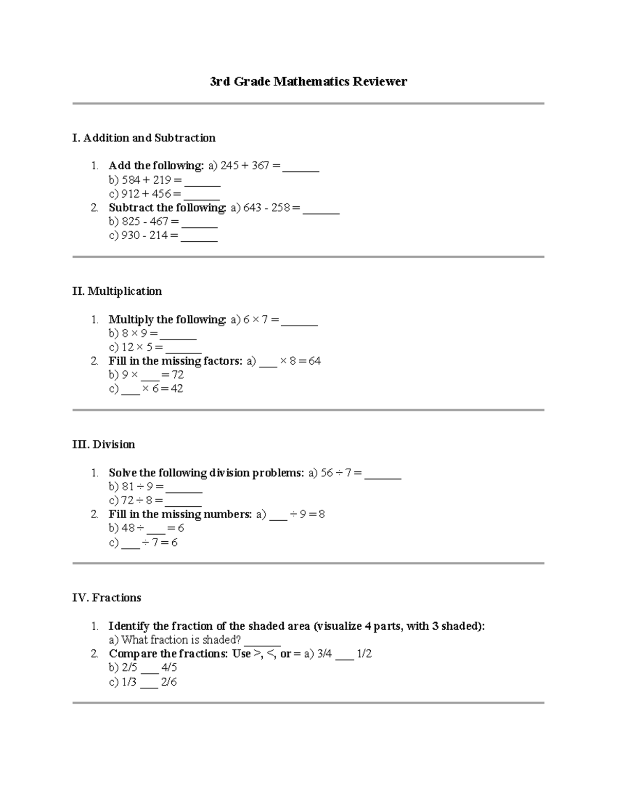 3rd Grade Mathematics Reviewer - Addition and Subtraction 1. Add the ...
