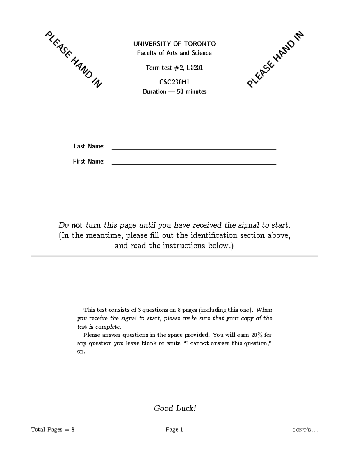 2014 t2practice - Term Test 2 Practice - PLEASE HAND IN UNIVERSITY OF ...