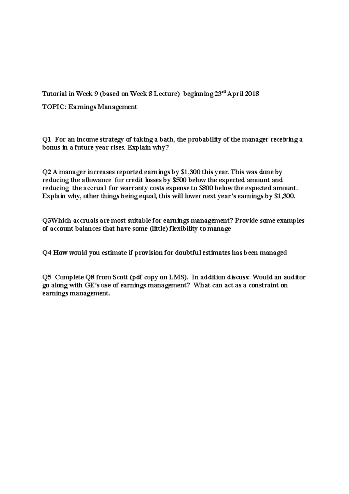 Week Eight E Questions - Tutorial in Week 9 (based on Week 8 Lecture ...