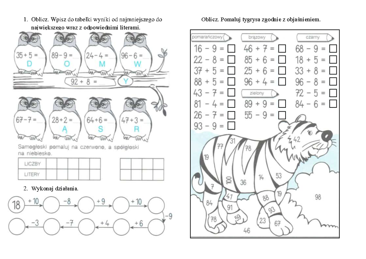 Liczenie do 100 - Matematyka - Oblicz. Wpisz do tabelki wyniki od