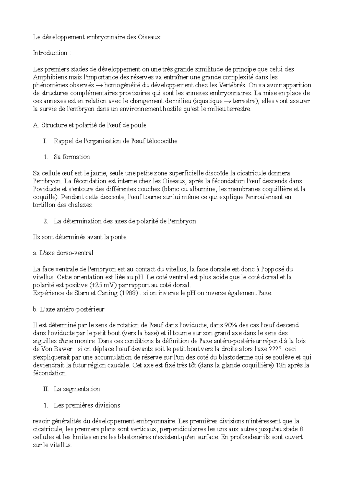 Developpement Embryonnaire Des Oiseaux Cas Du Poulet Le développement embryonnaire des Oiseaux - Le développement embryonnaire  des Oiseaux Introduction : - Studocu
