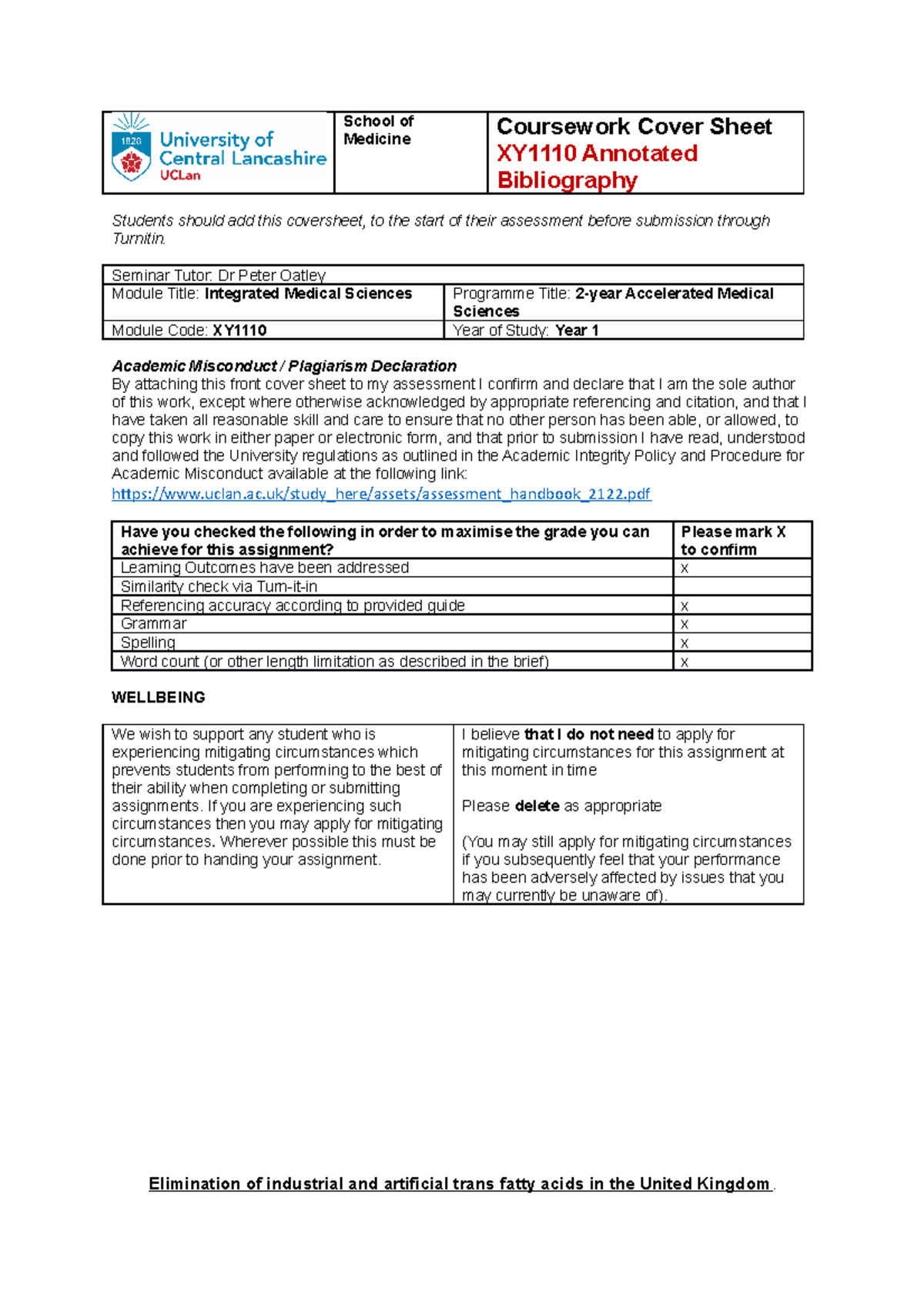 XY1110 Annotated Bibliography coversheet - Copy Copy - School of ...
