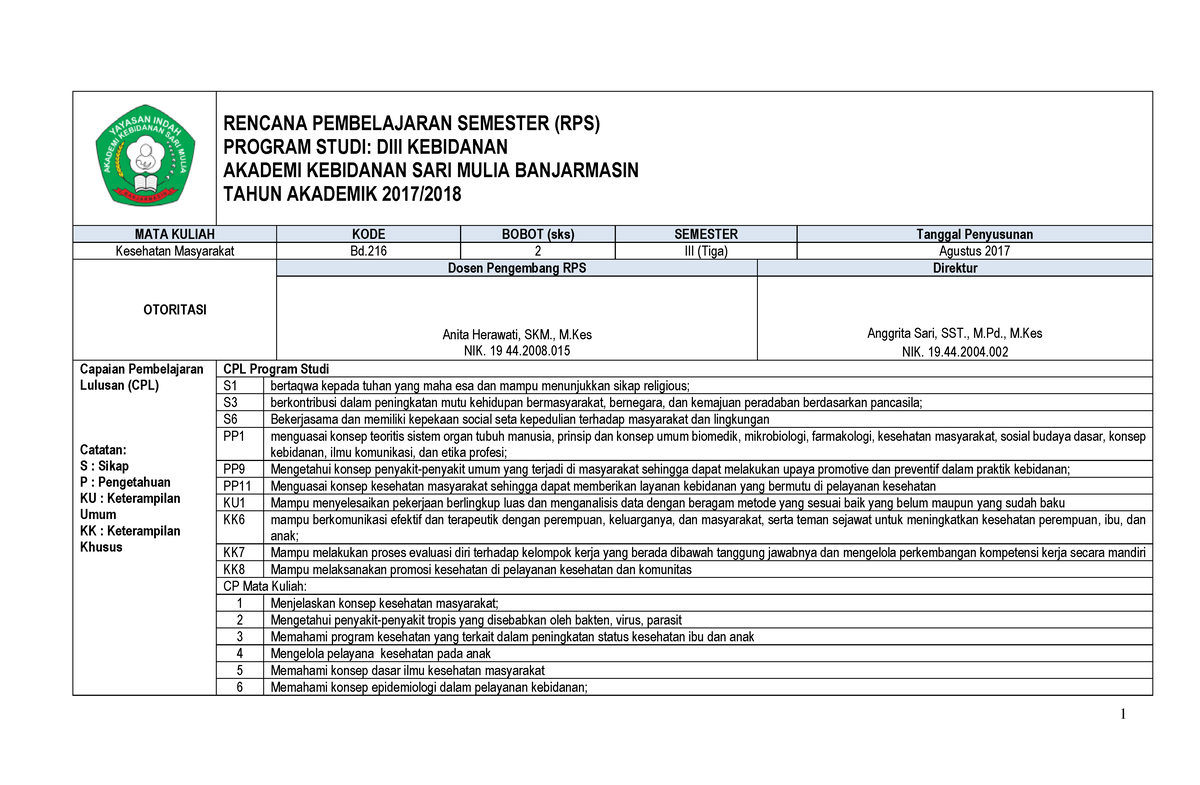 RPS-Kesmas - RENCANA PEMBELAJARAN SEMESTER (RPS) PROGRAM STUDI: DIII ...