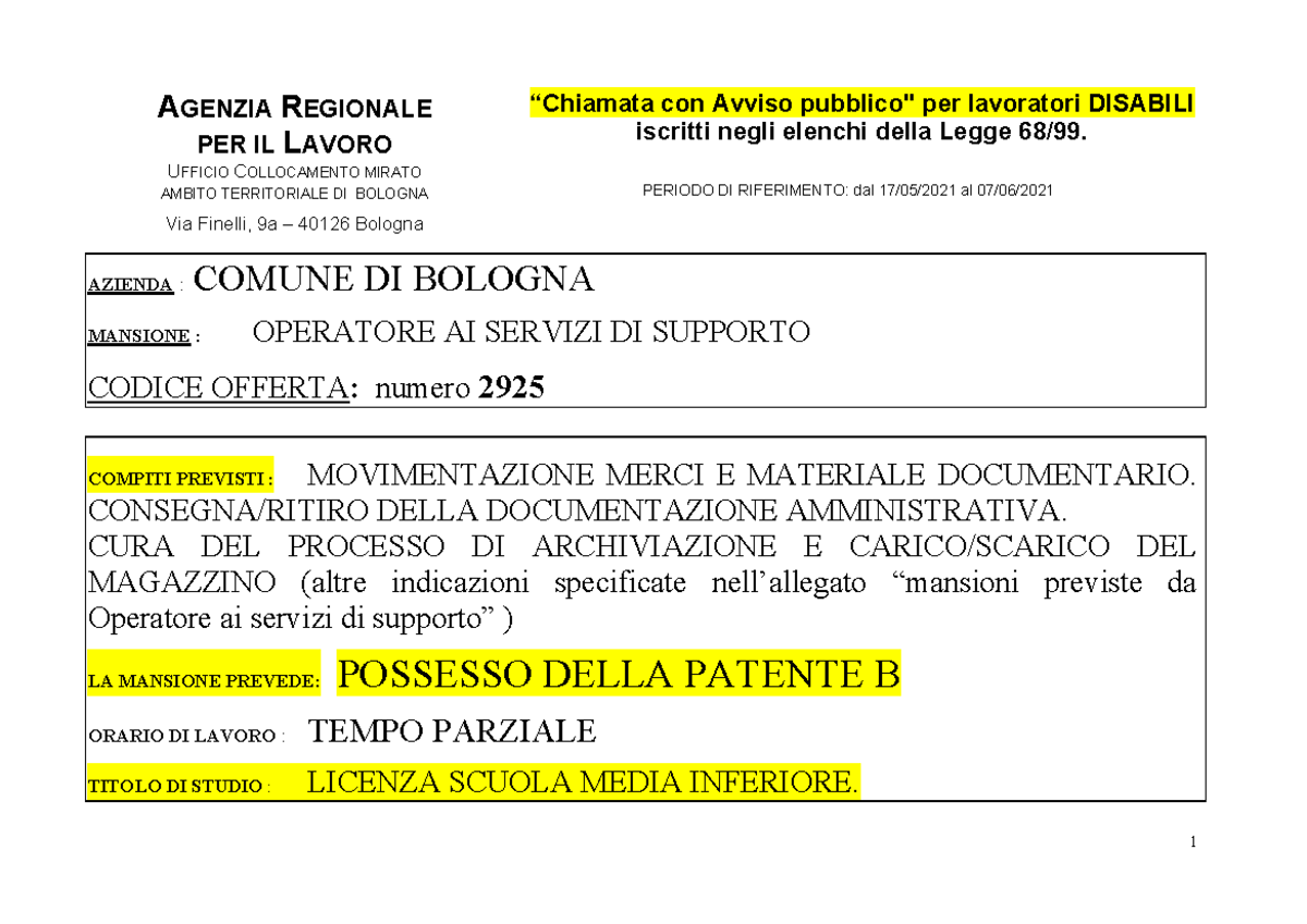 Comune di Bologna operatore supporto - 1 AGENZIA REGIONALE PER IL