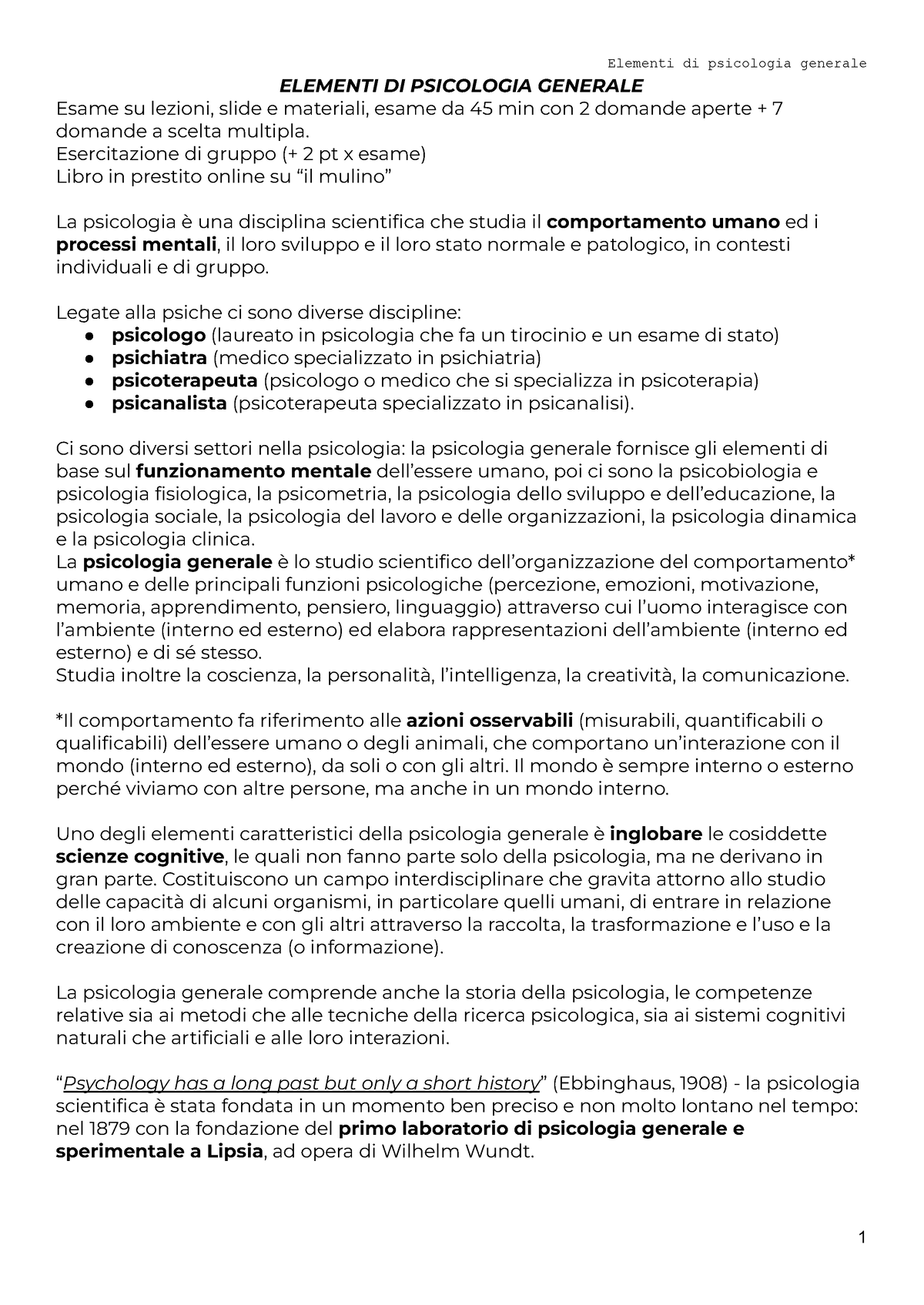 Elementi di psicologia generale - ELEMENTI DI PSICOLOGIA GENERALE Esame ...