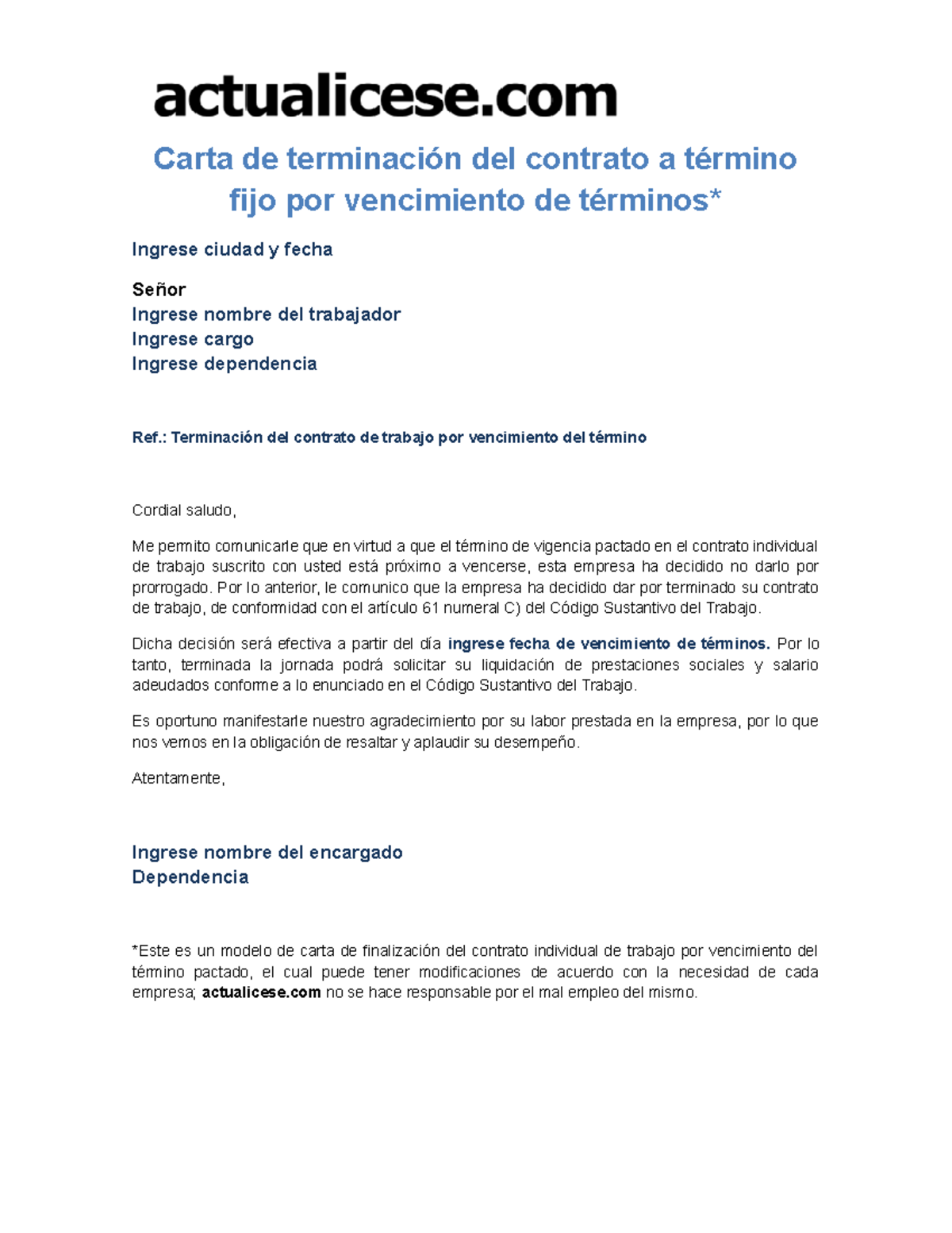 Carta Terminacion Del Contrato Termino Fijo Vencimiento De Terminos ...