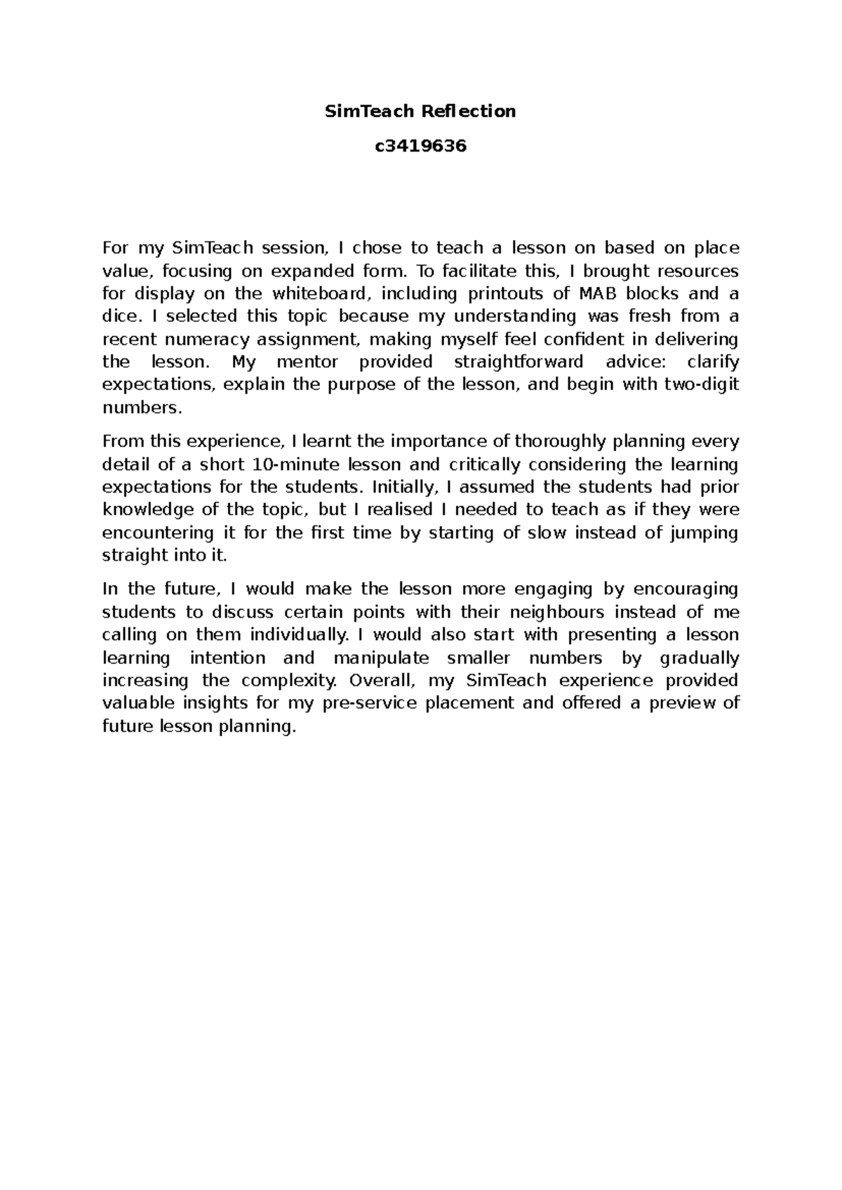 Sim Teach Reflection - SimTeach Reflection c For my SimTeach session, I ...